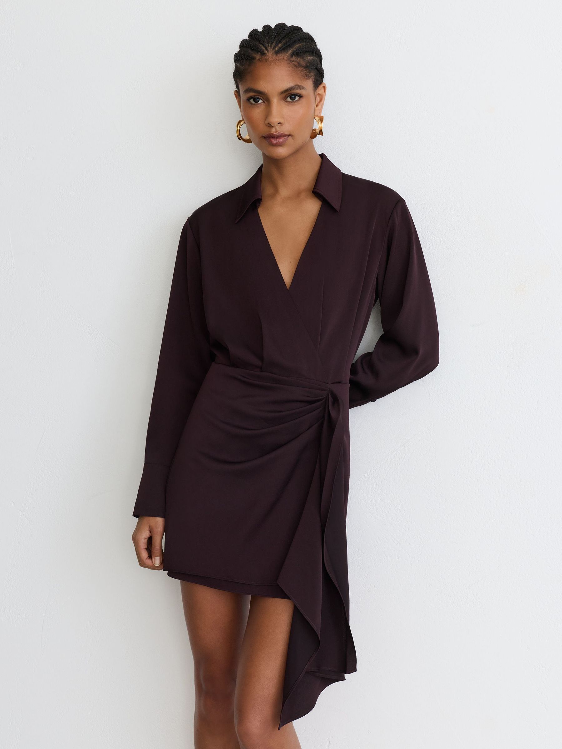 Collared Long-Sleeve Wrap Mini Dress in Grape Burgundy - Image 1 of 7 Collared Long-Sleeve Wrap Mini Dress in Grape Burgundy - Image 1 of 7