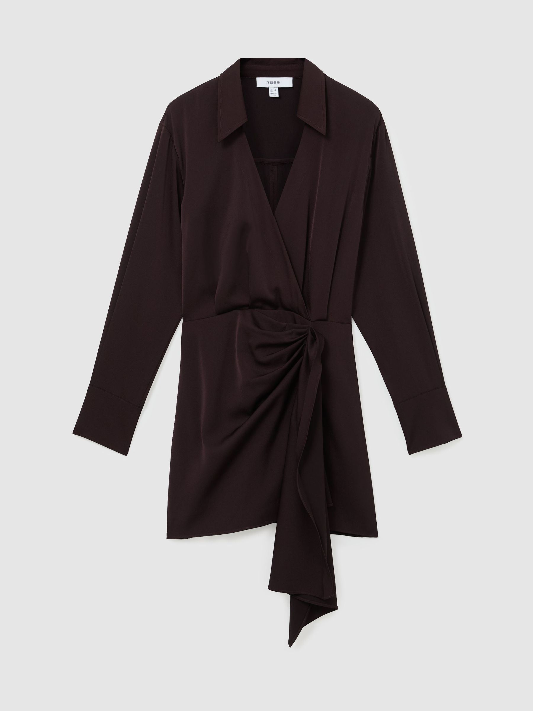 Collared Long-Sleeve Wrap Mini Dress in Grape Burgundy - Image 2 of 7