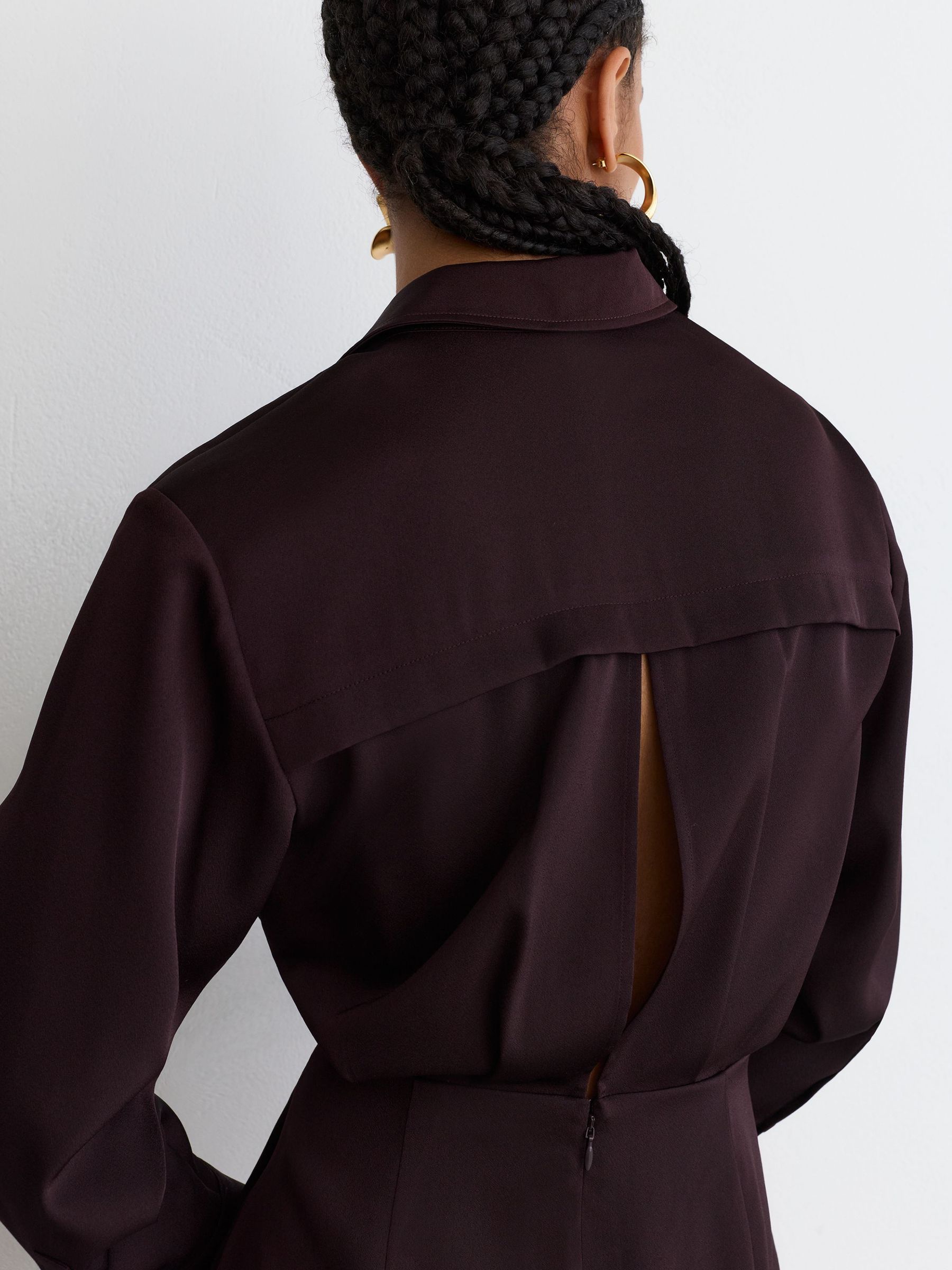 Collared Long-Sleeve Wrap Mini Dress in Grape Burgundy - Image 4 of 7