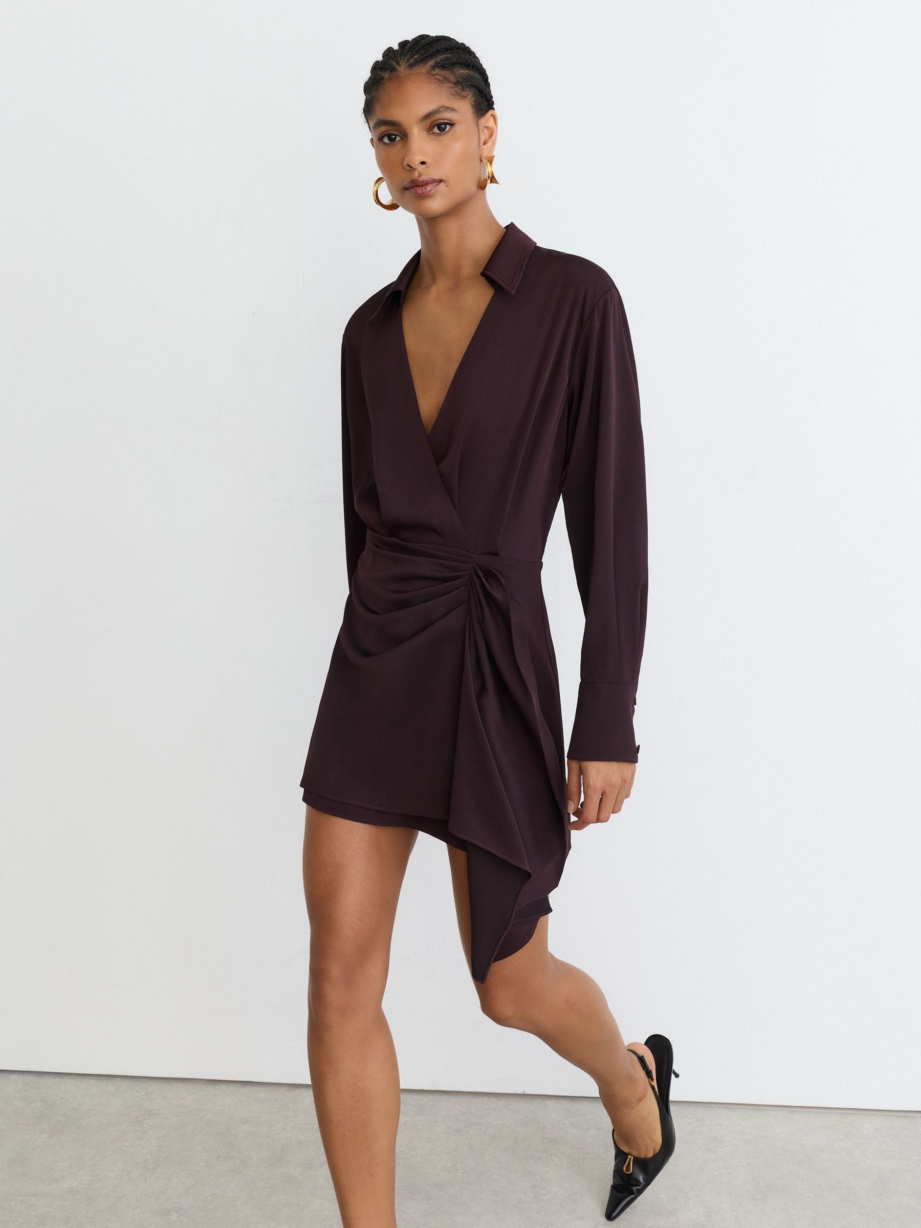 Collared Long-Sleeve Wrap Mini Dress in Grape Burgundy - Image 5 of 7