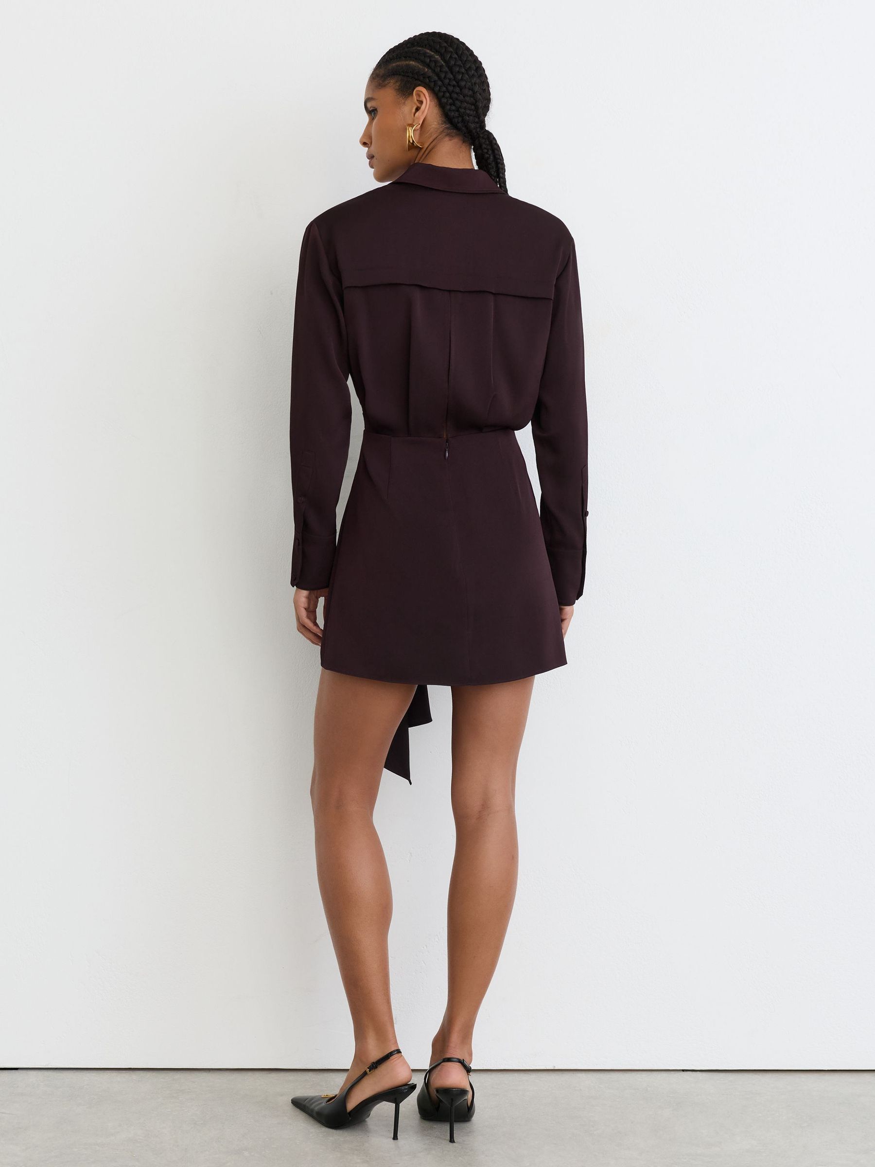Collared Long-Sleeve Wrap Mini Dress in Grape Burgundy - Image 6 of 7