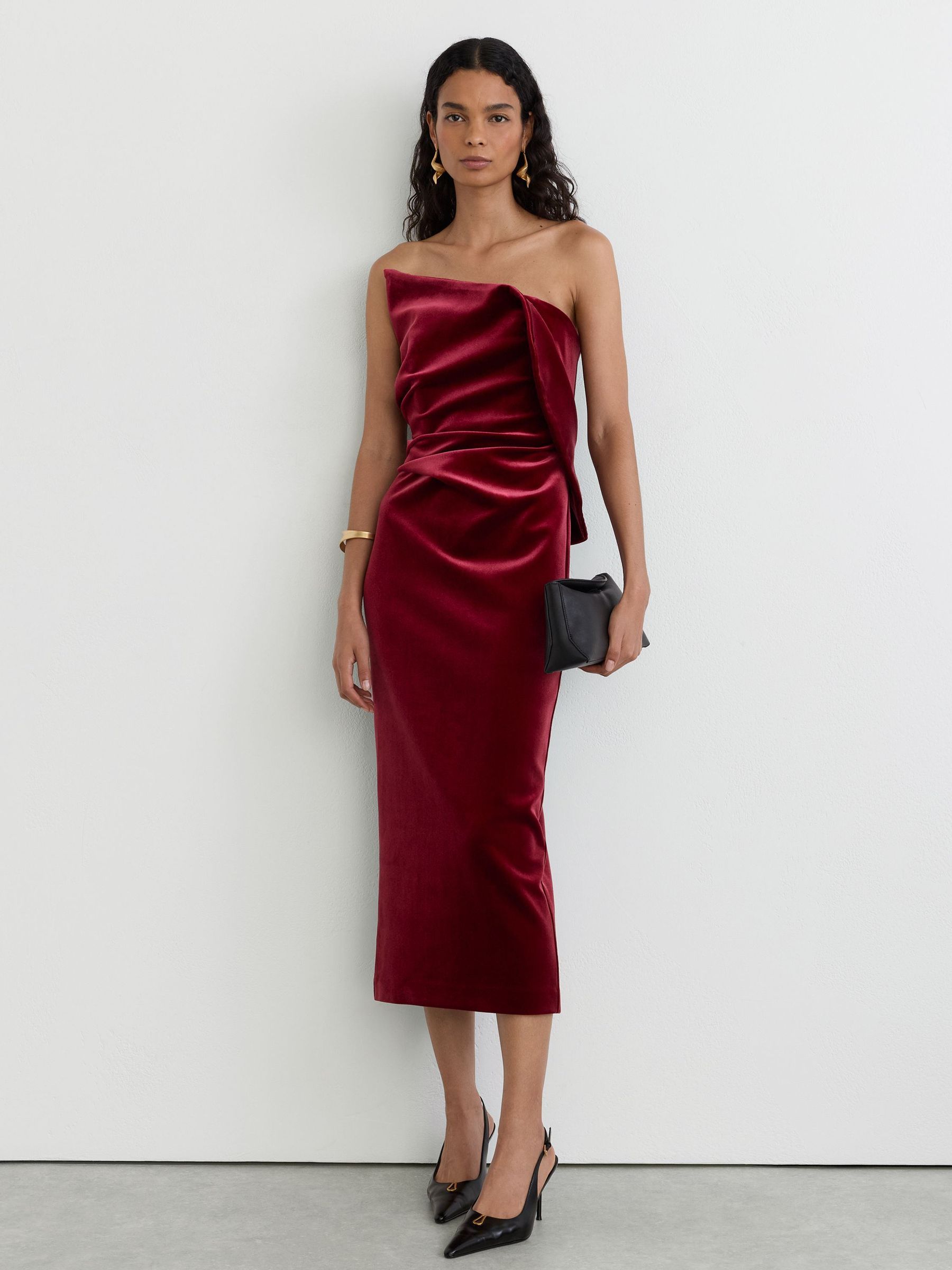Velvet Structured Strapless Midi Dress in Red - Image 1 of 8