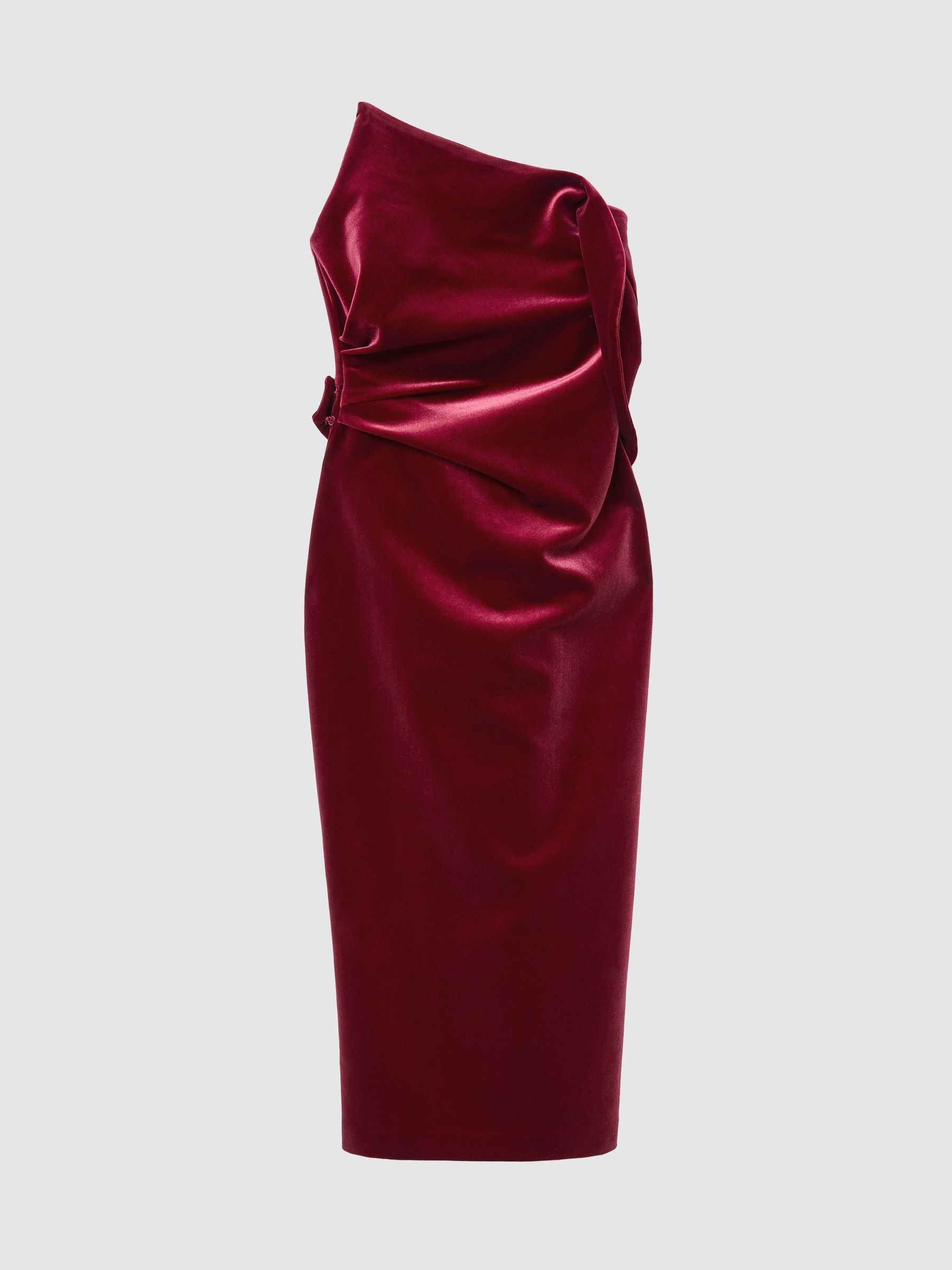 Velvet Structured Strapless Midi Dress in Red - Image 2 of 8