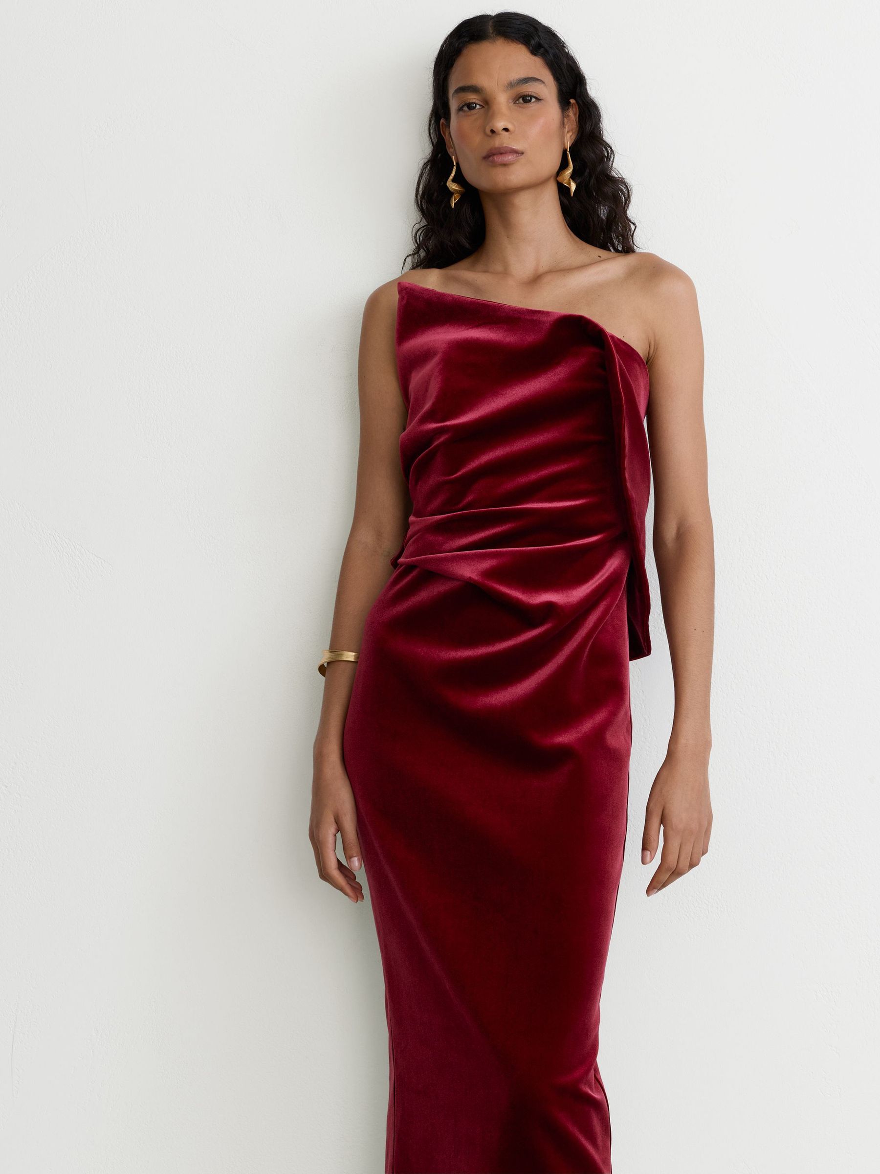 Velvet Structured Strapless Midi Dress in Red - Image 4 of 8