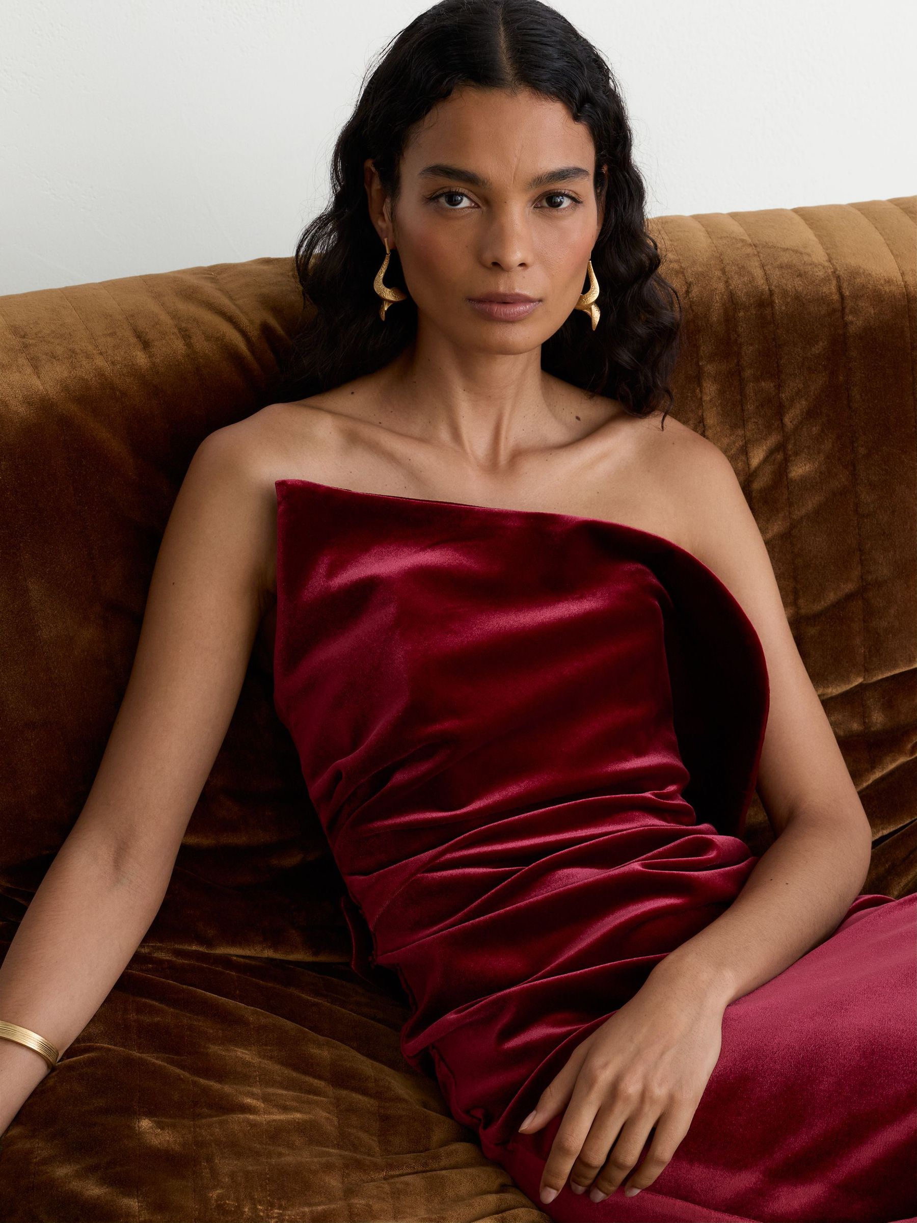 Velvet Structured Strapless Midi Dress in Red - Image 5 of 8