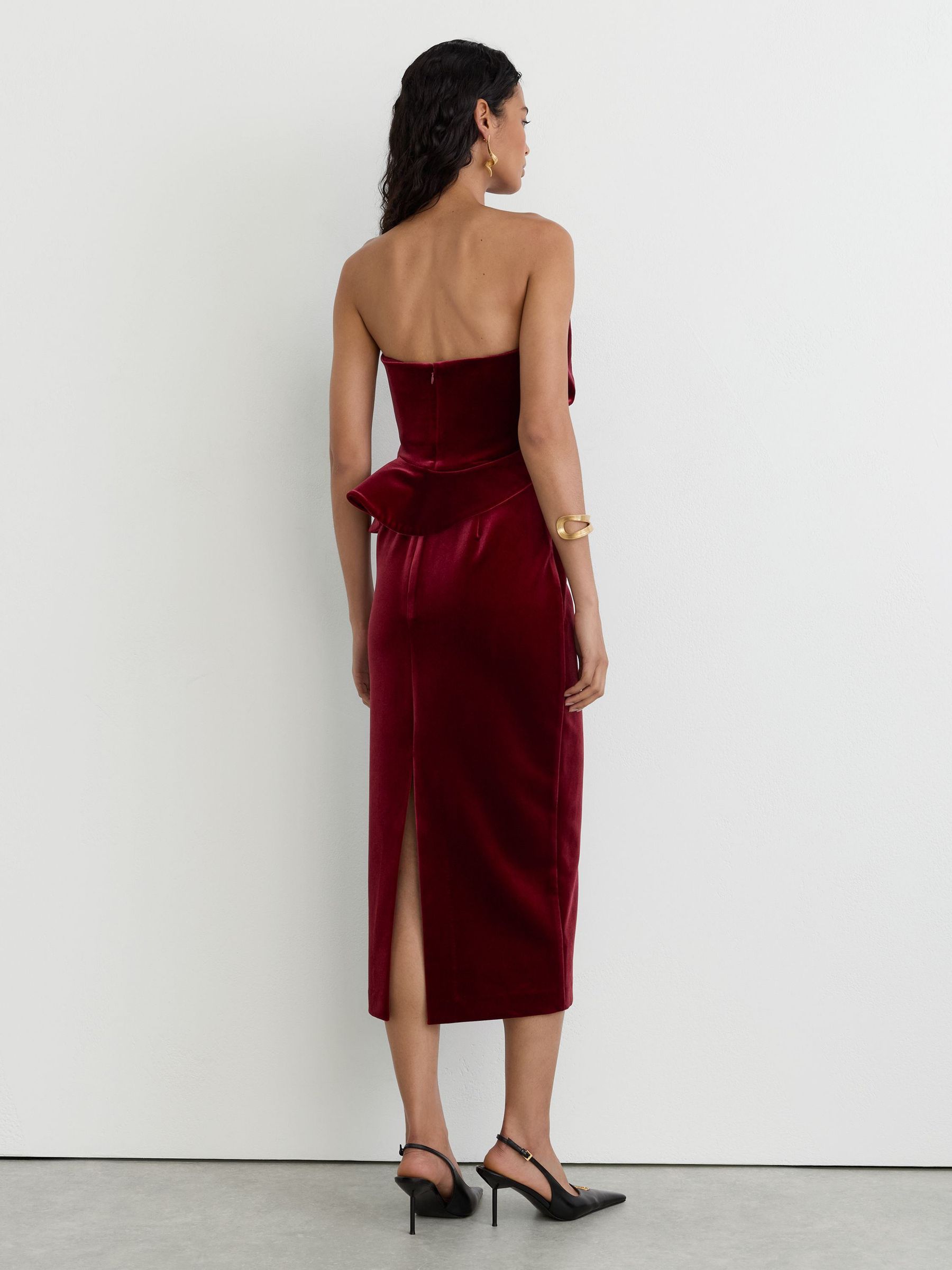 Velvet Structured Strapless Midi Dress in Red - Image 7 of 8