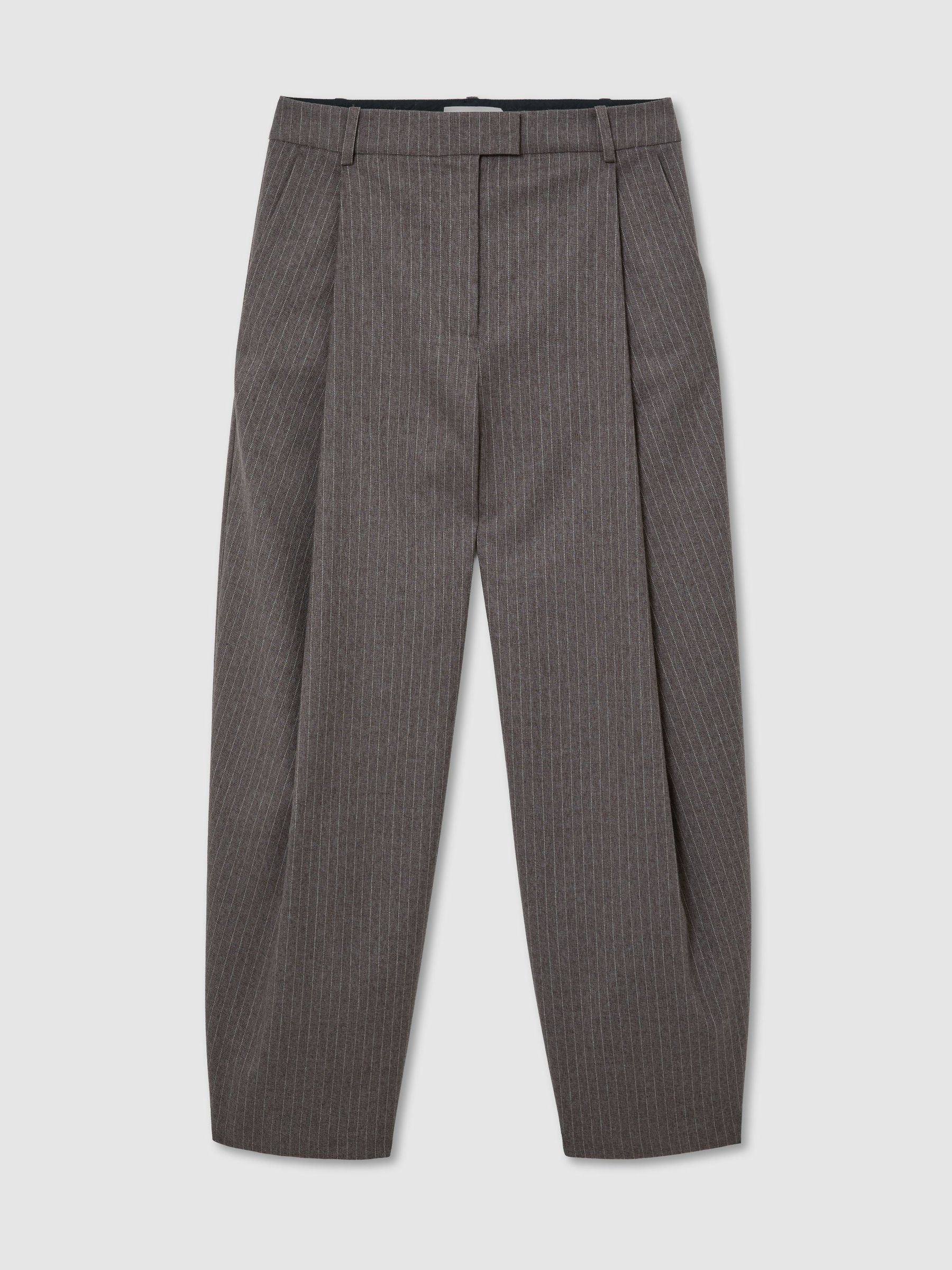 Pinstripe Pleated Barrel-Leg Trousers in Taupe Neutral - Image 2 of 6