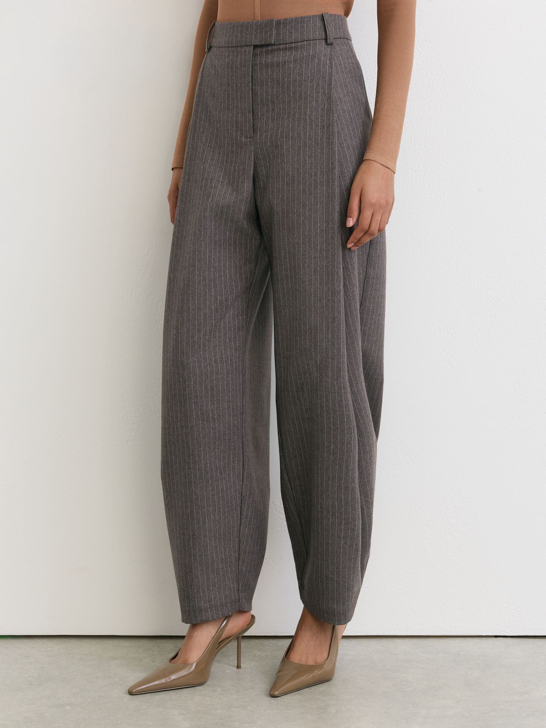 Pinstripe Pleated Barrel-Leg Trousers in Taupe Neutral - Image 3 of 6