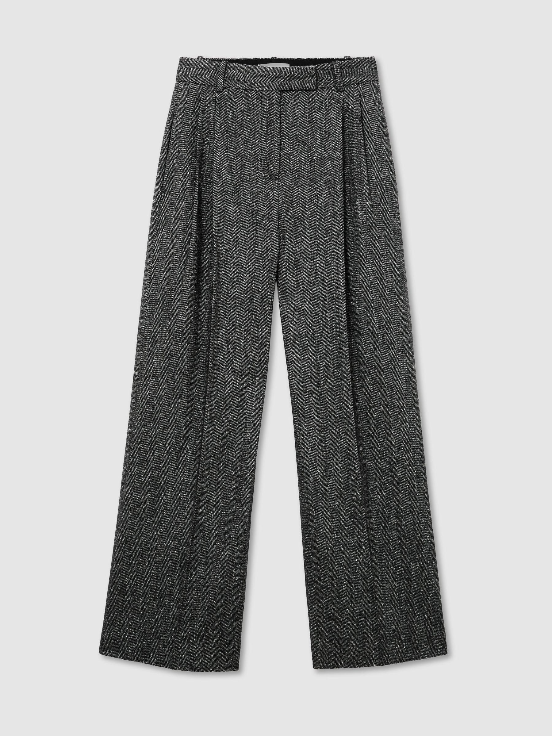 Wool-Silk Herringbone Wide-Leg Trousers in Dark Grey - Image 2 of 8 Wool-Silk Herringbone Wide-Leg Trousers in Dark Grey - Image 2 of 8