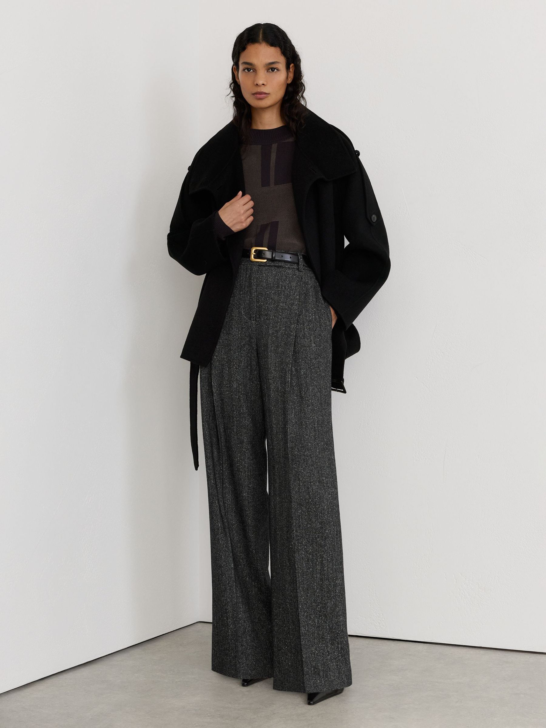 Wool-Silk Herringbone Wide-Leg Trousers in Dark Grey - Image 3 of 8