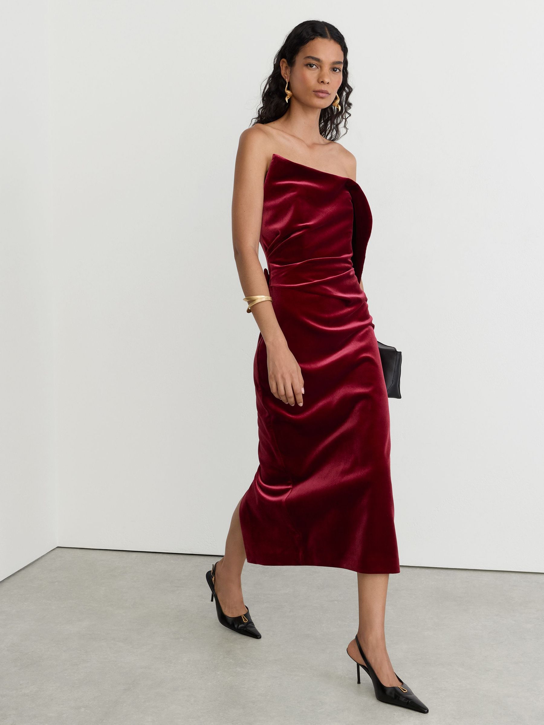 Petite Velvet Structured Strapless Midi Dress in Red - Image 6 of 9