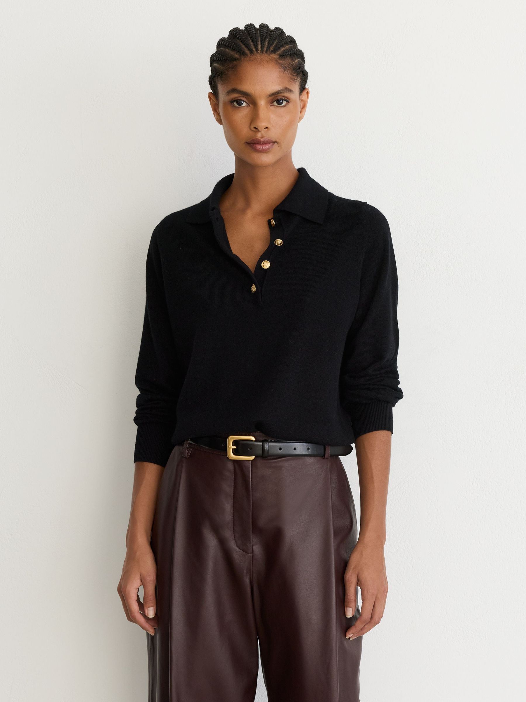Wool-Cashmere Half-Button Jumper in Black - Image 1 of 6 Wool-Cashmere Half-Button Jumper in Black - Image 1 of 6