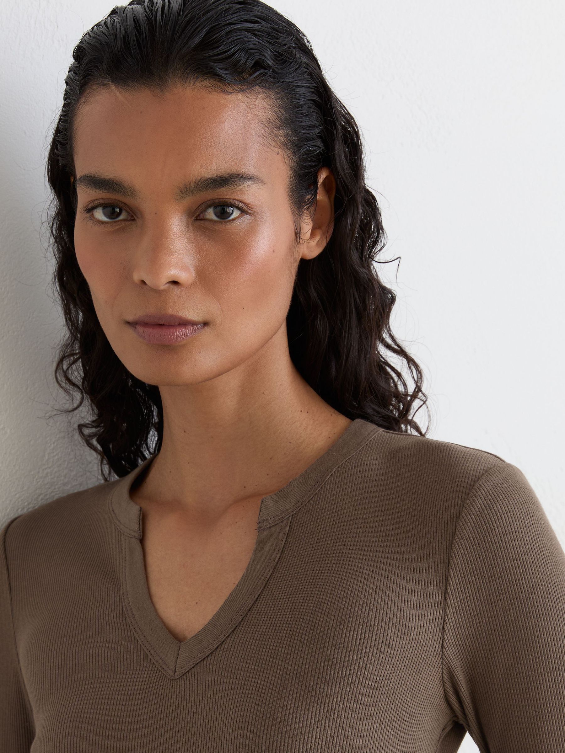 Stretch-Cotton Notch-Neck Top in Mocha Brown - Image 1 of 6