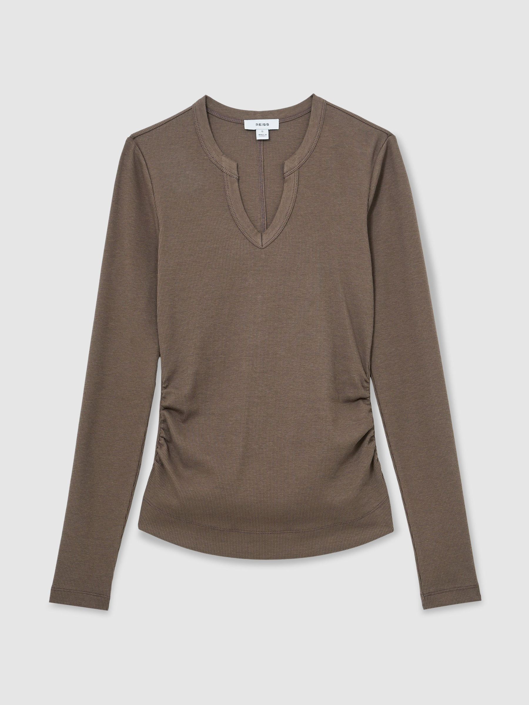 Stretch-Cotton Notch-Neck Top in Mocha Brown - Image 2 of 6