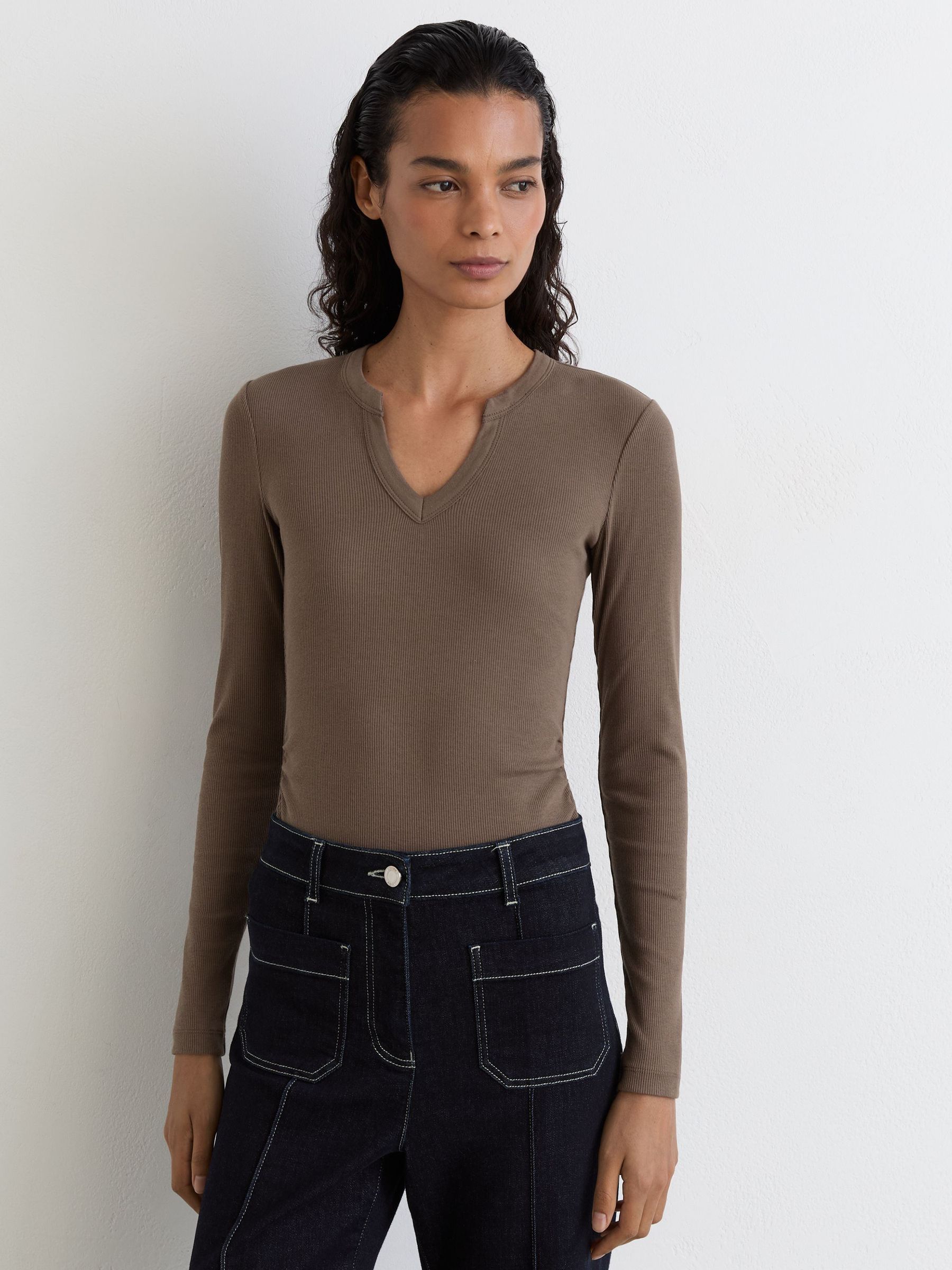 Stretch-Cotton Notch-Neck Top in Mocha Brown - Image 4 of 6