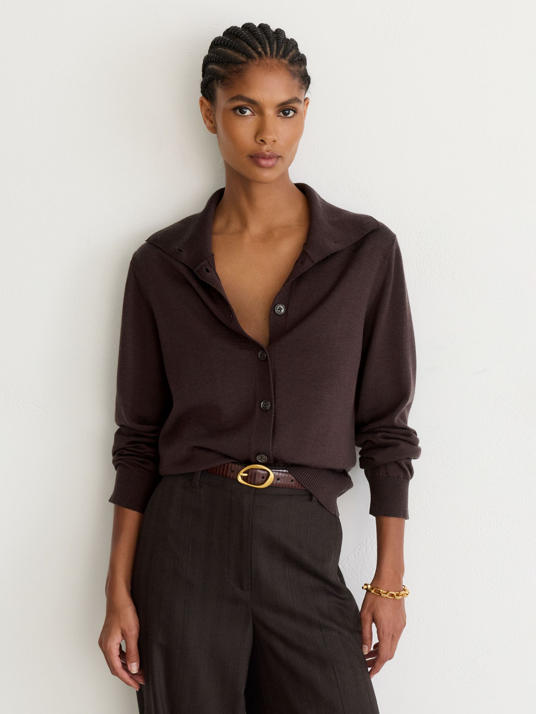 Merino Wool Collared Cardigan in Grape Burgundy - Image 1 of 7 Merino Wool Collared Cardigan in Grape Burgundy - Image 1 of 7