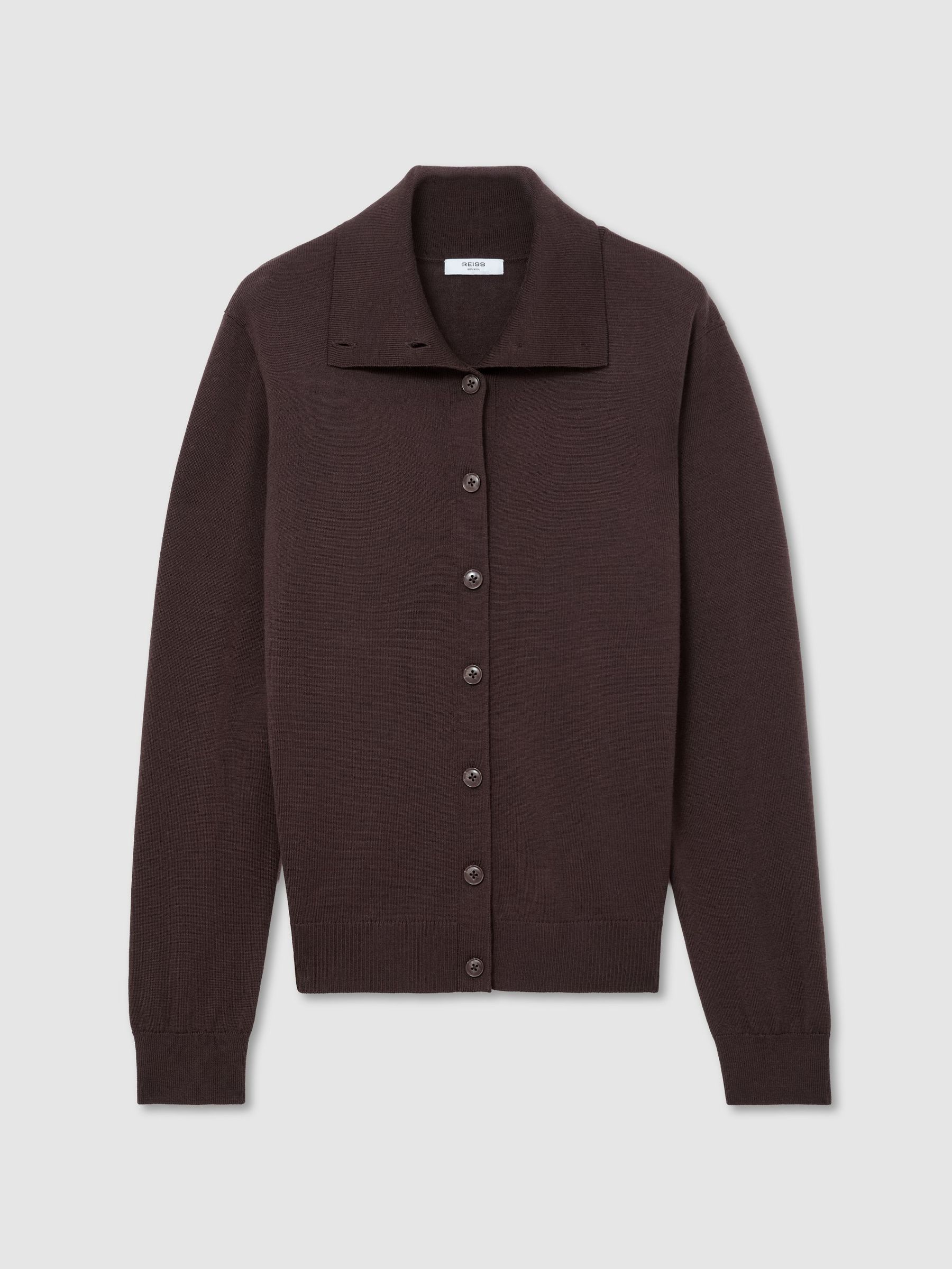 Merino Wool Collared Cardigan in Grape Burgundy - Image 2 of 7