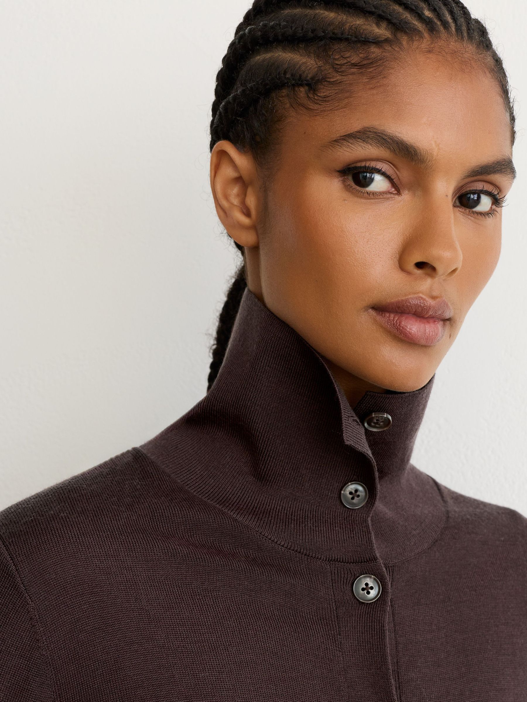 Merino Wool Collared Cardigan in Grape Burgundy - Image 3 of 7