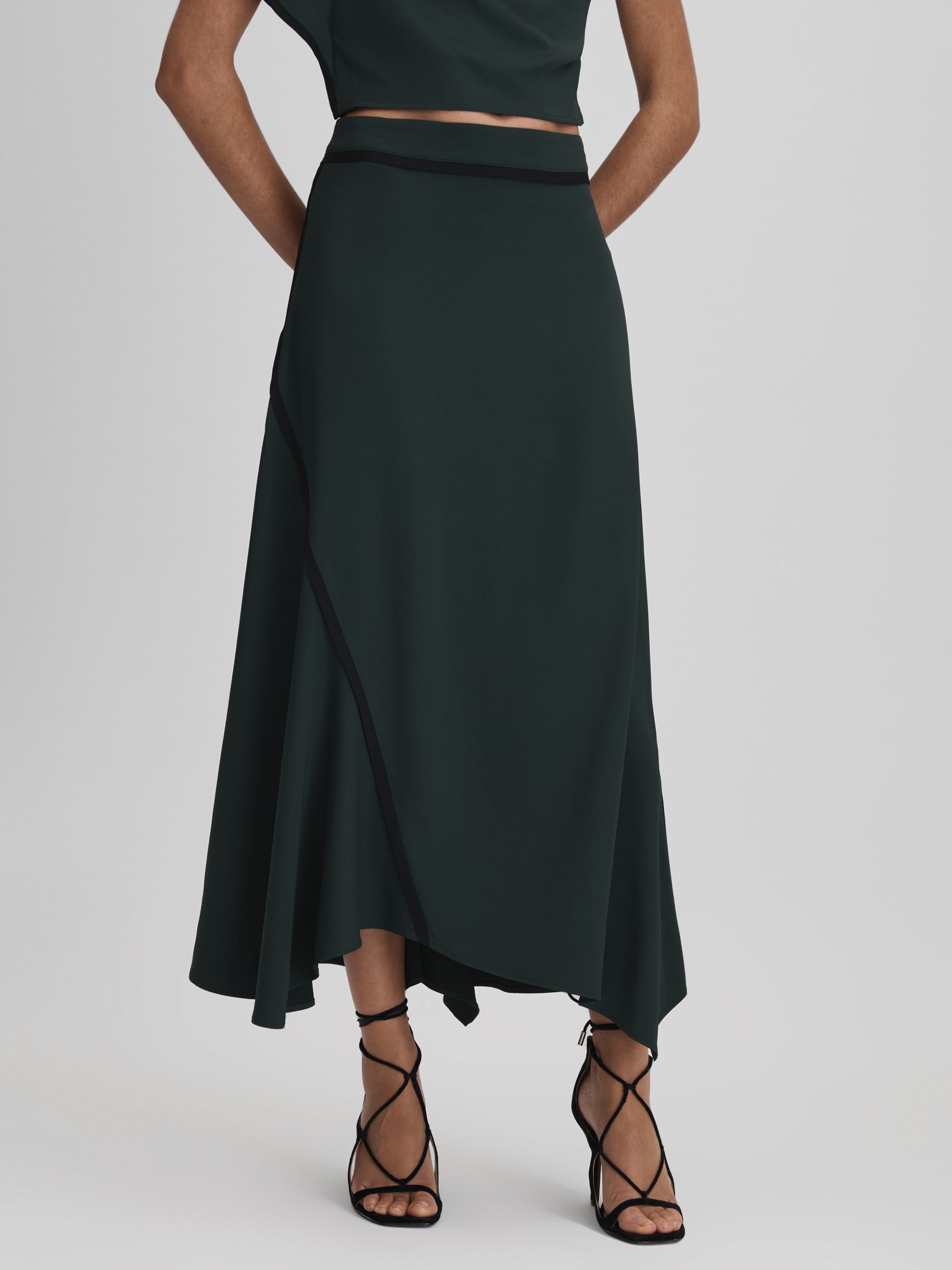 Asymmetric Contrast Trim Midi Skirt in Green - Image 1 of 6