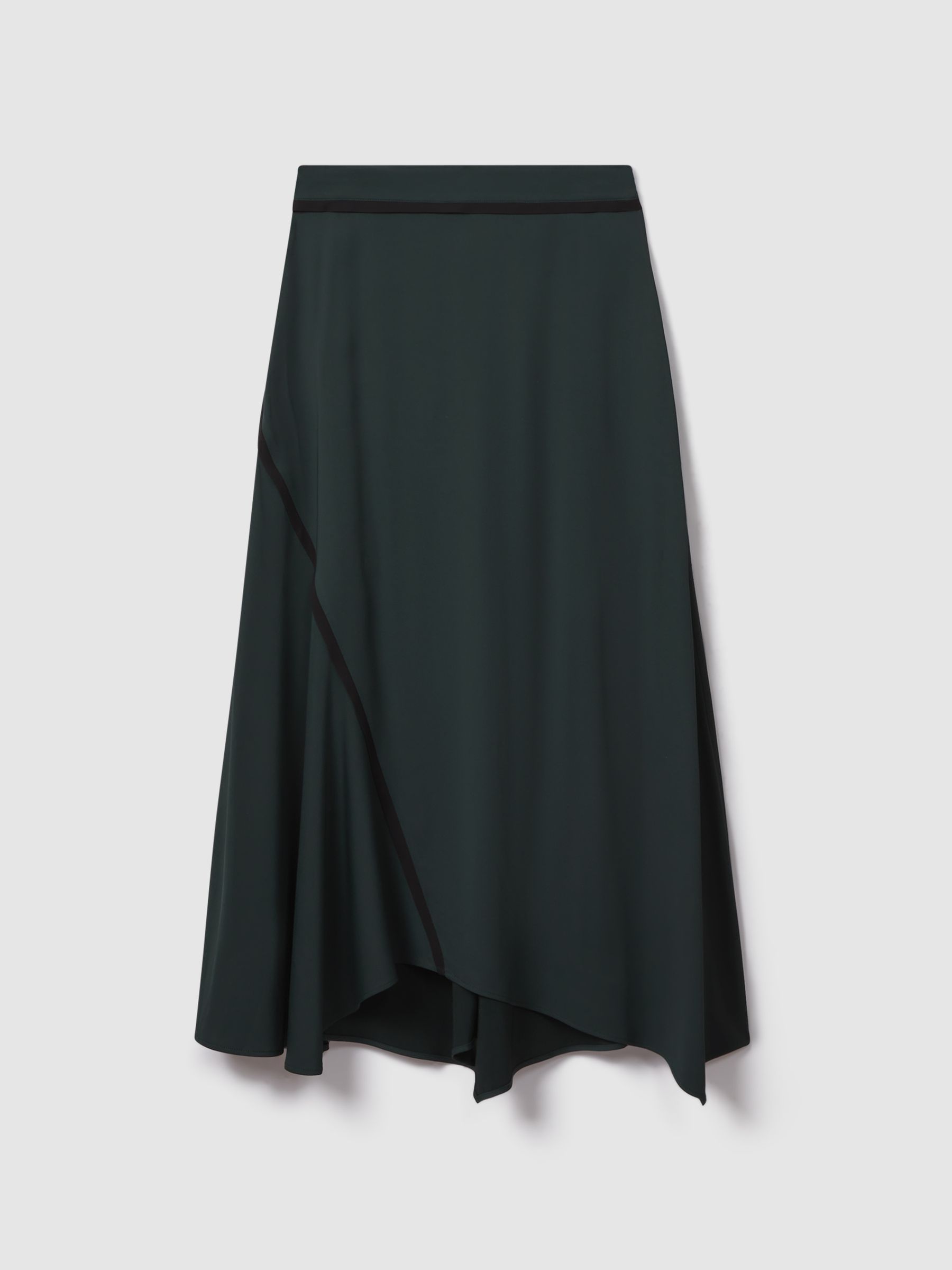 Asymmetric Contrast Trim Midi Skirt in Green - Image 2 of 6