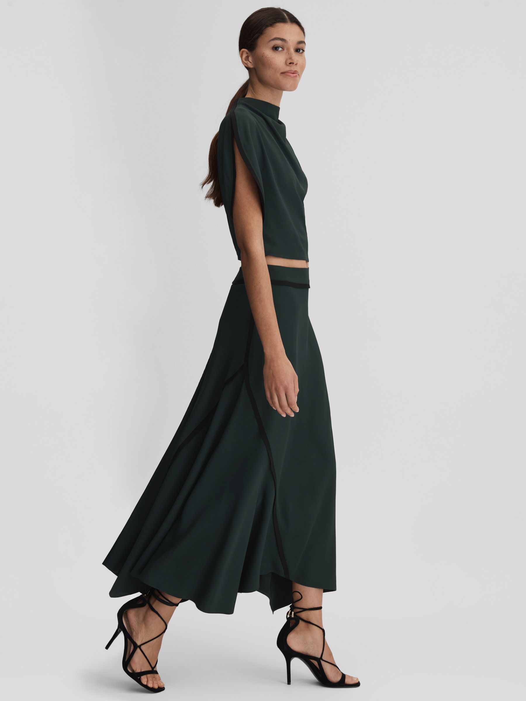 Reiss Asymmetric Contrast Trim Midi Skirt in Green | REISS