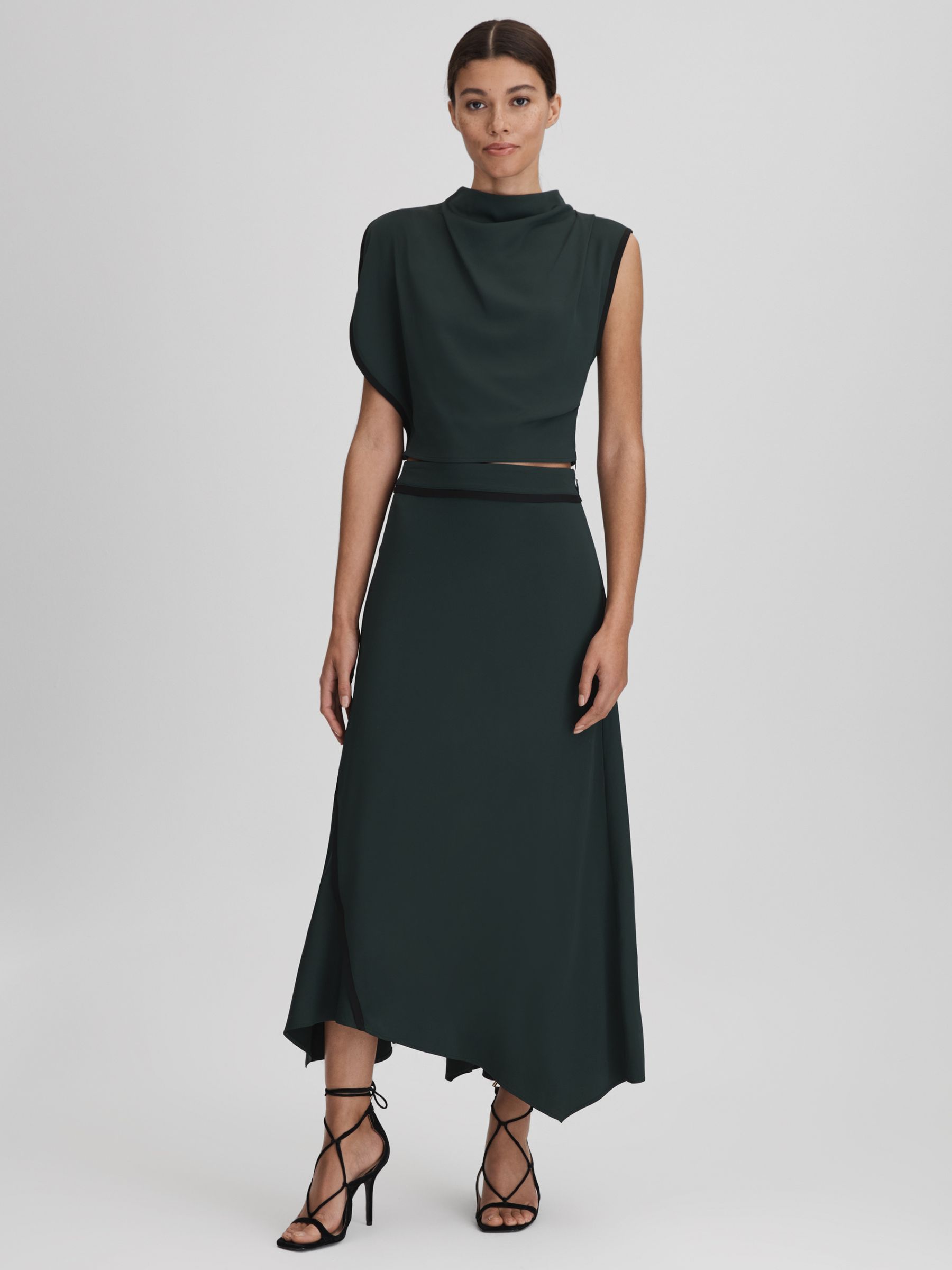 Asymmetric Contrast Trim Midi Skirt in Green - Image 4 of 6