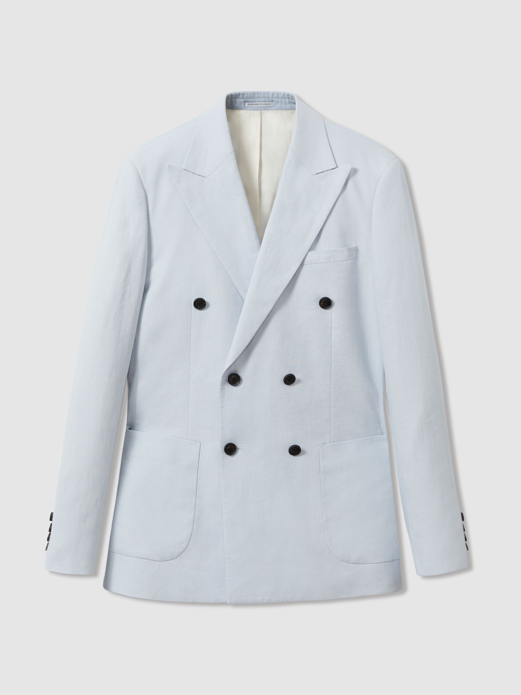 Double Breasted 100% Linen Slim Fit Blazer in Soft Blue - Image 2 of 7