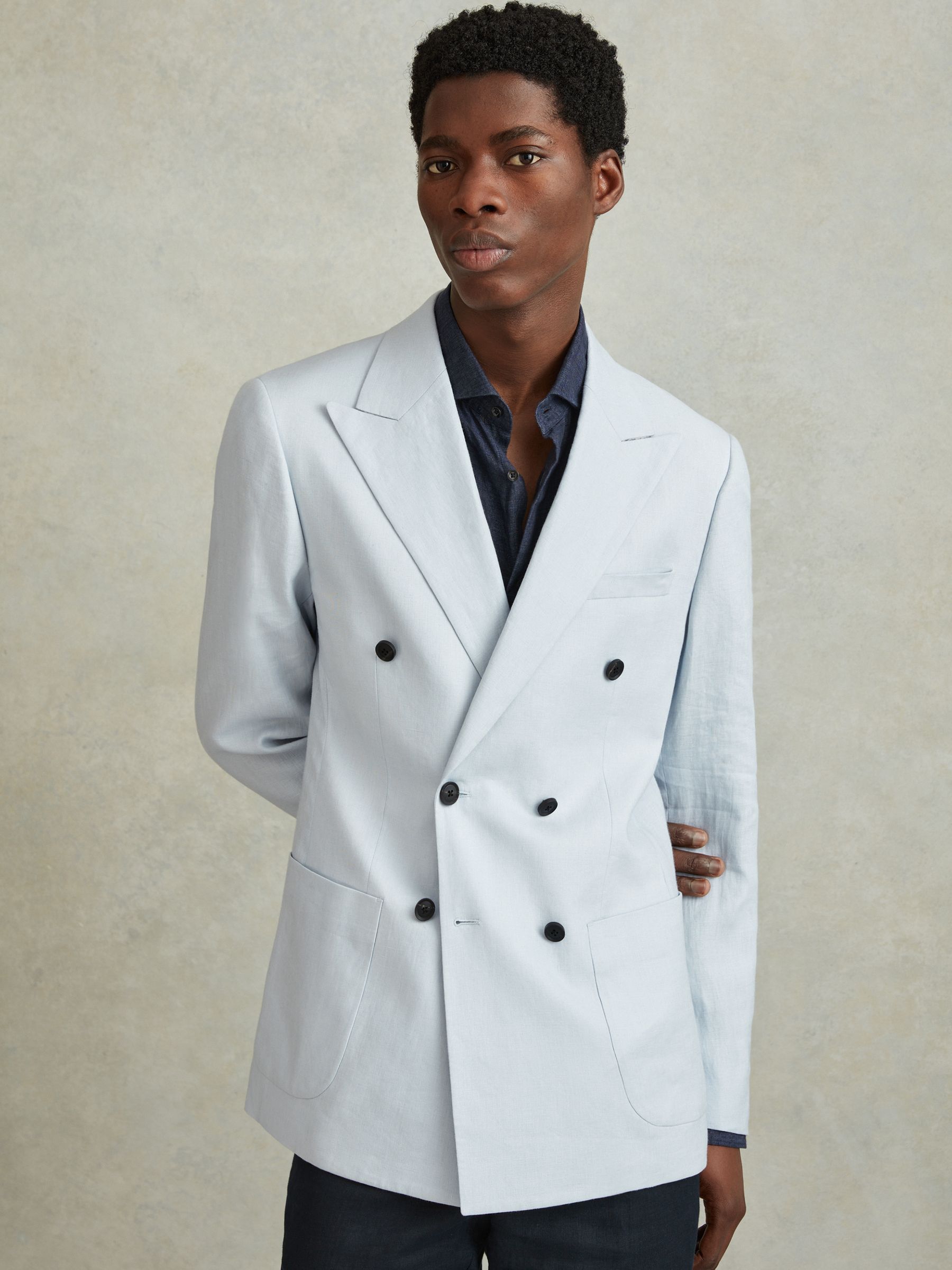 Double Breasted 100% Linen Slim Fit Blazer in Soft Blue - Image 3 of 7