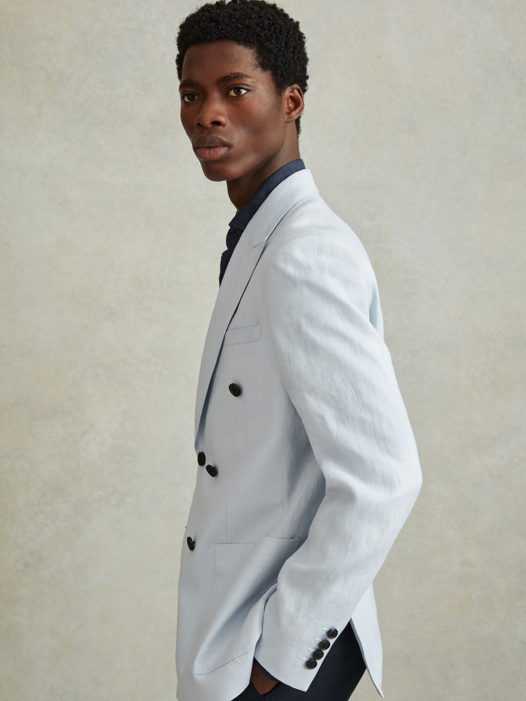 Double Breasted 100% Linen Slim Fit Blazer in Soft Blue - Image 4 of 7