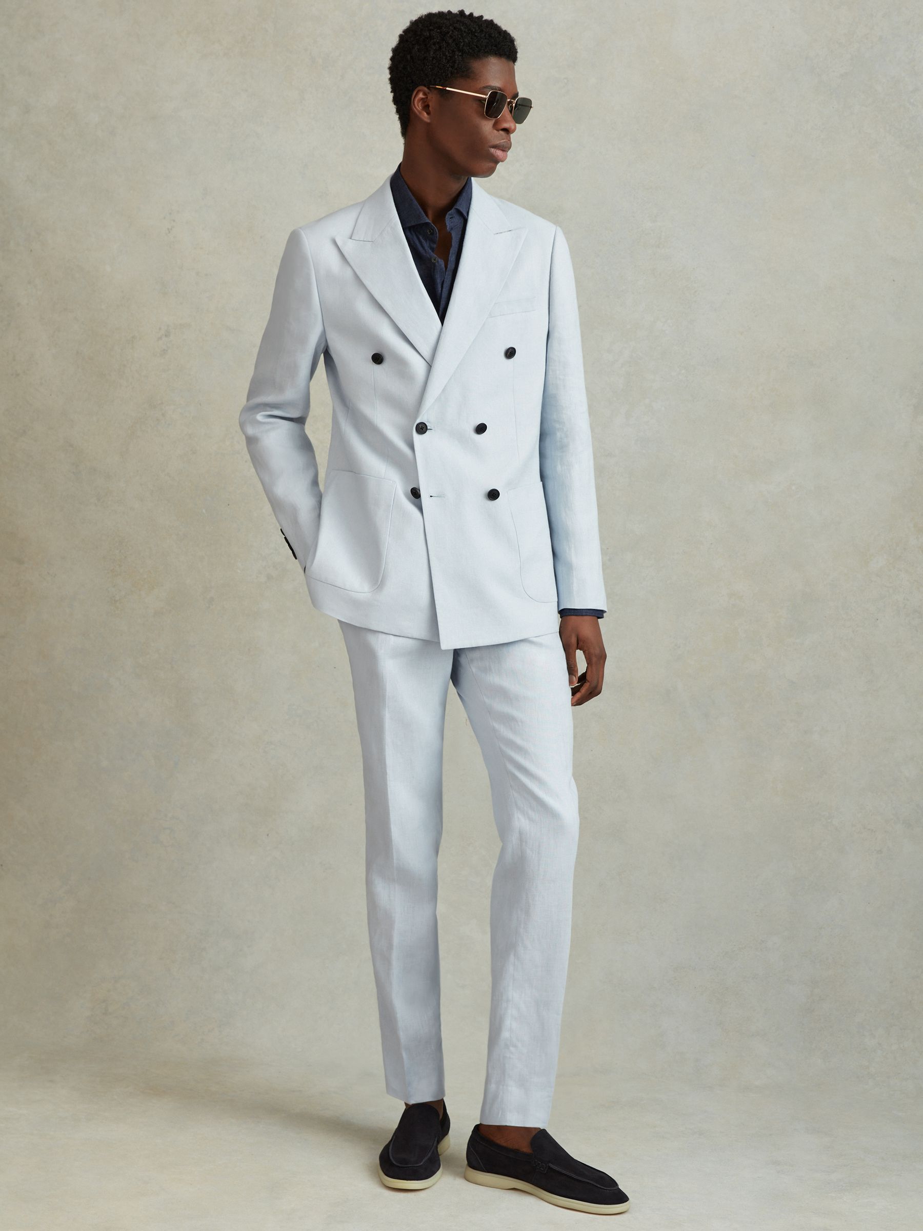 Double Breasted 100% Linen Slim Fit Blazer in Soft Blue - Image 5 of 7