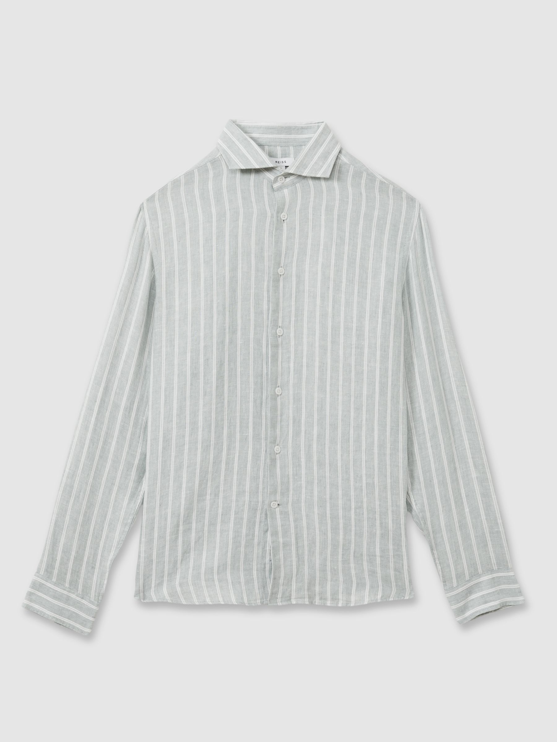 Linen Button-Through Shirt in Sage Stripe - Image 2 of 6