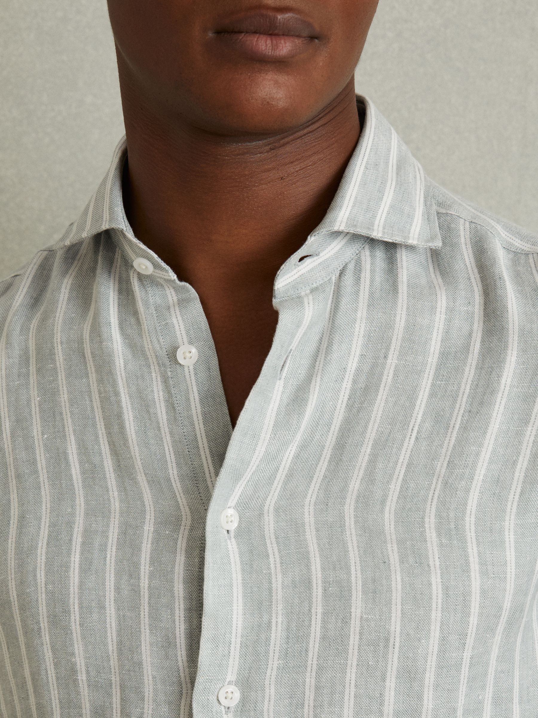 Linen Button-Through Shirt in Sage Stripe - Image 3 of 6