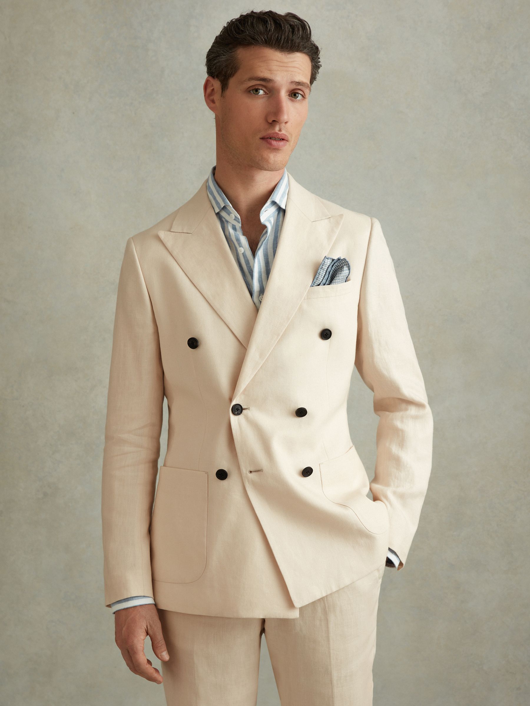 Double Breasted 100% Linen Slim Fit Blazer in Stone - Image 3 of 8