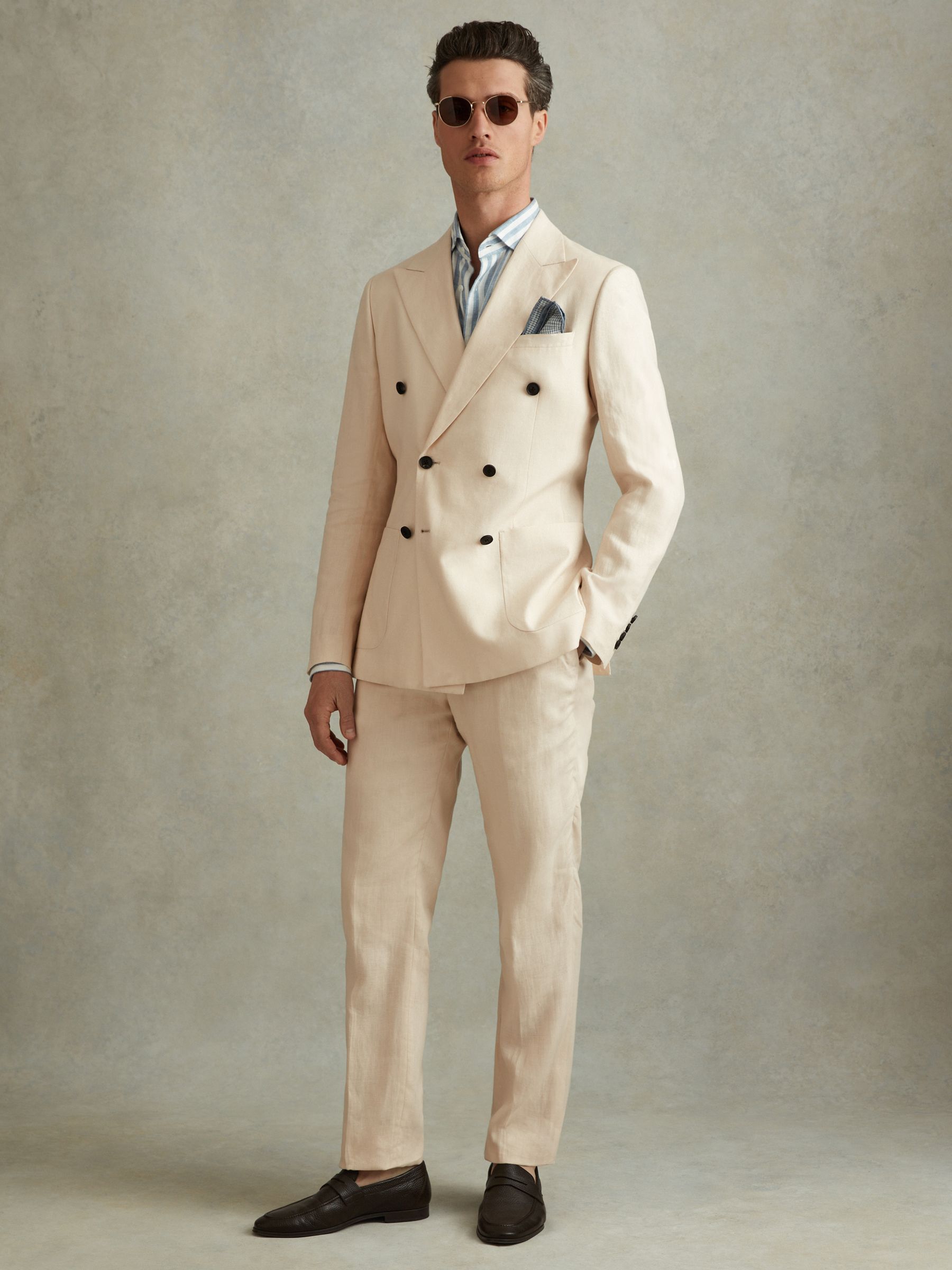 Double Breasted 100% Linen Slim Fit Blazer in Stone - Image 4 of 8