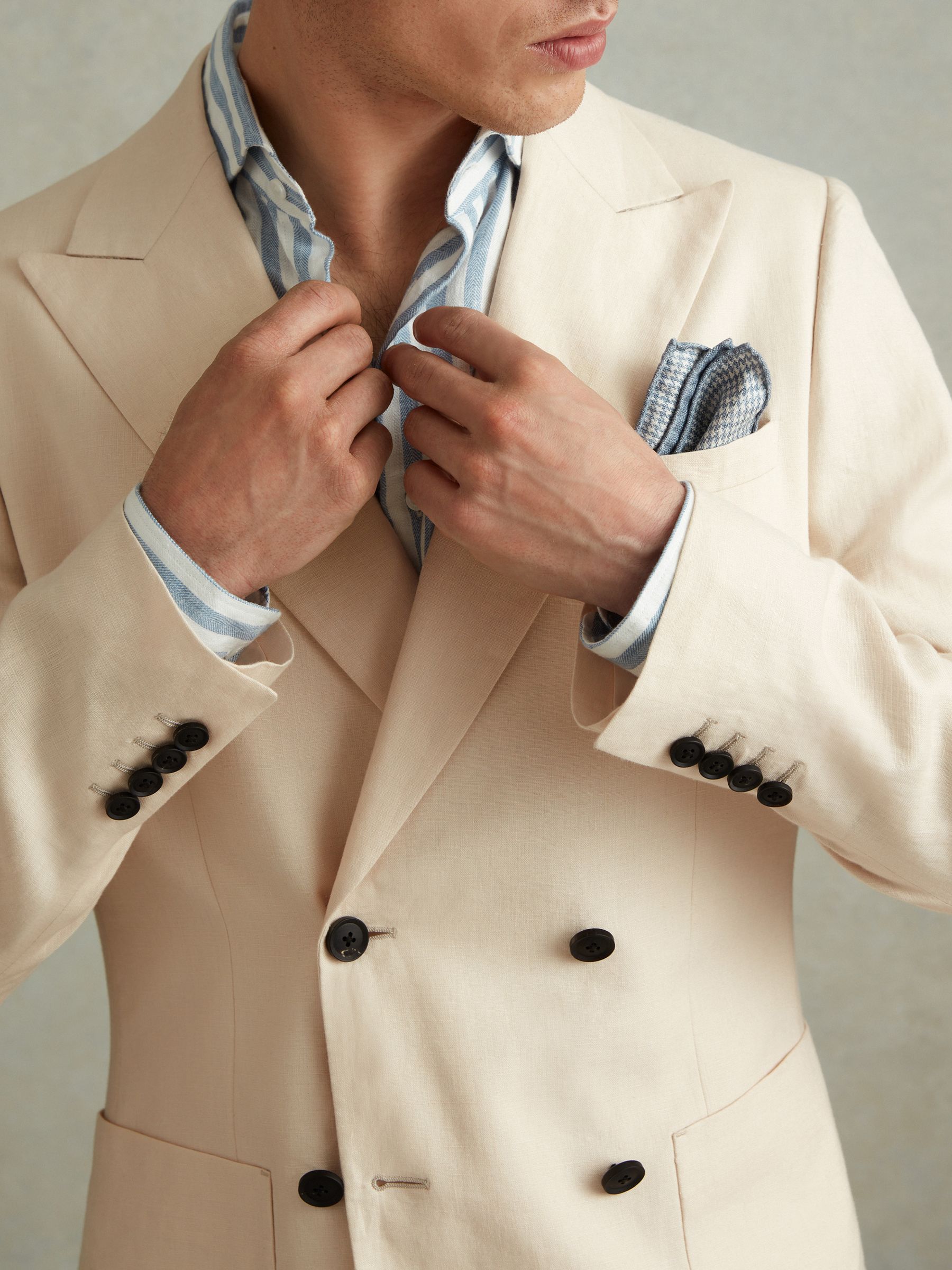 Double Breasted 100% Linen Slim Fit Blazer in Stone - Image 5 of 8