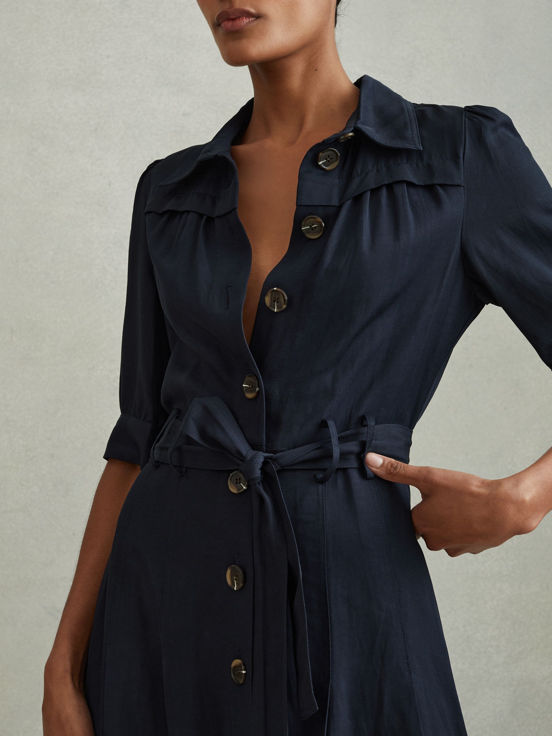 Petite Belted Cap Sleeve Midi Dress With Linen in Navy - Image 1 of 6