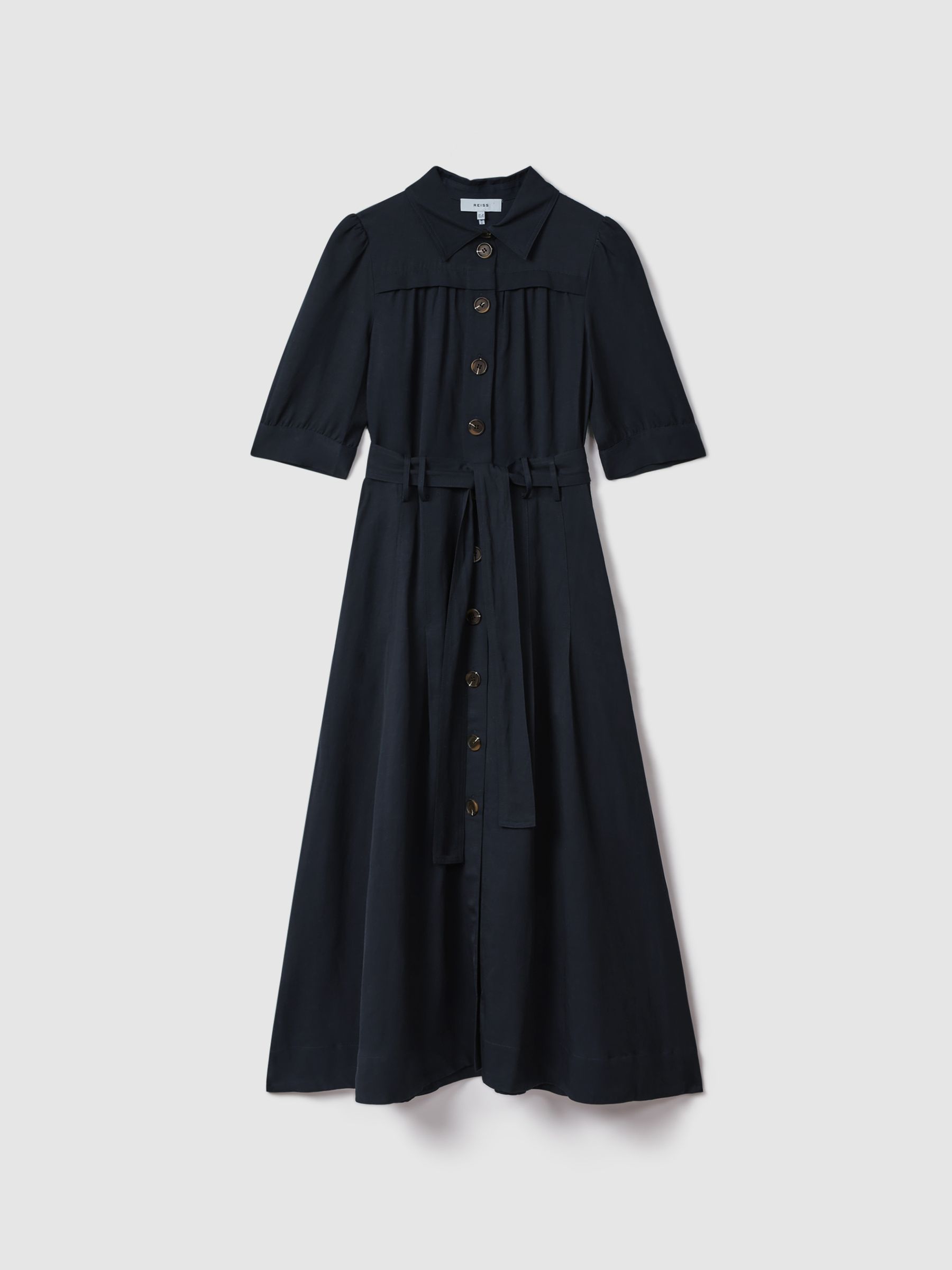 Petite Belted Cap Sleeve Midi Dress With Linen in Navy - Image 2 of 6
