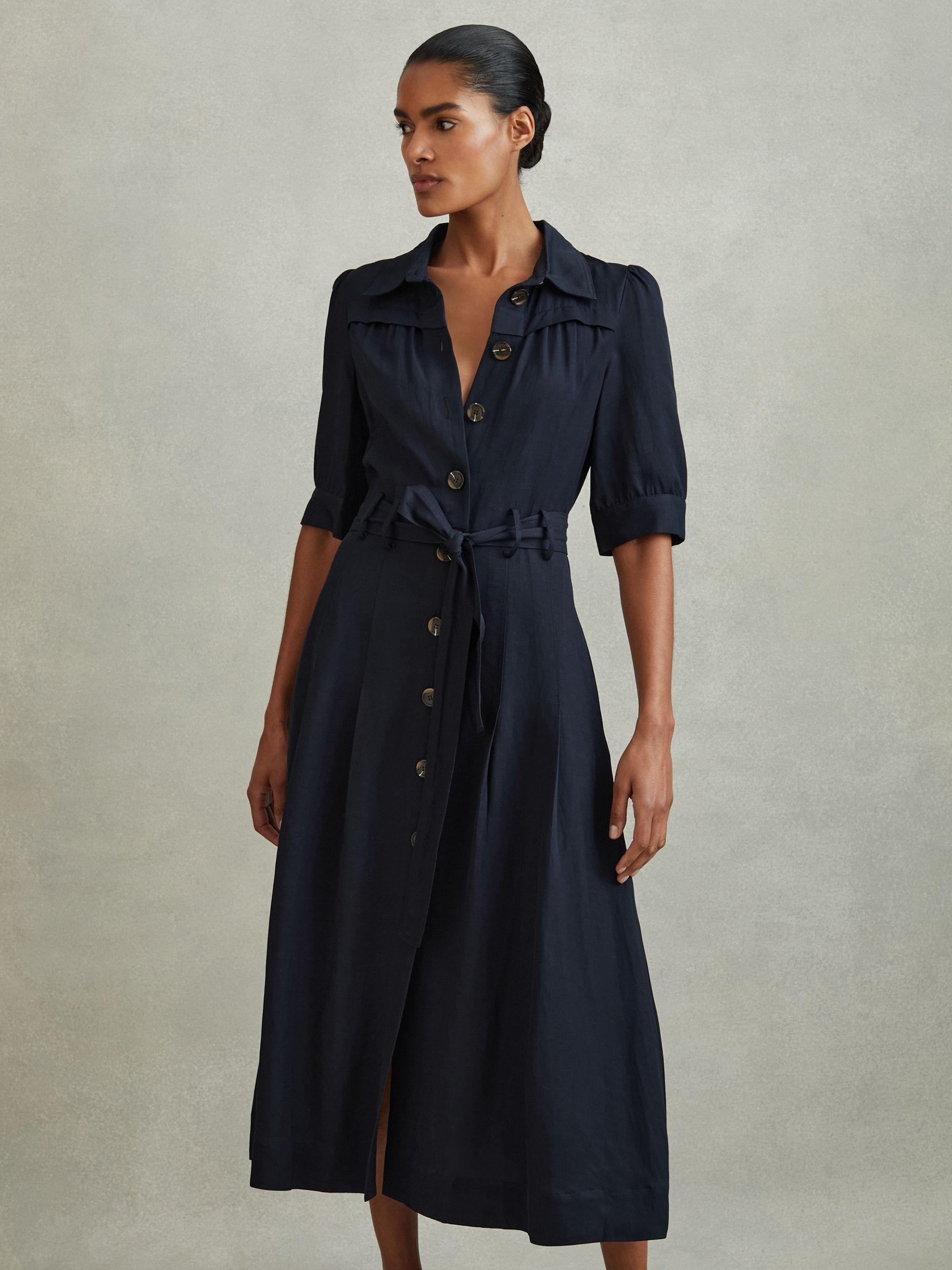 Petite Belted Cap Sleeve Midi Dress With Linen in Navy - Image 3 of 6