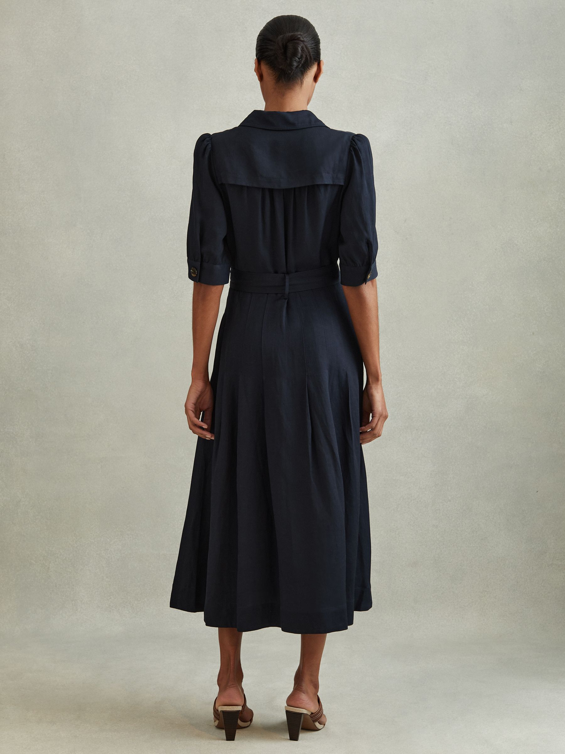Petite Belted Cap Sleeve Midi Dress With Linen in Navy - Image 4 of 6