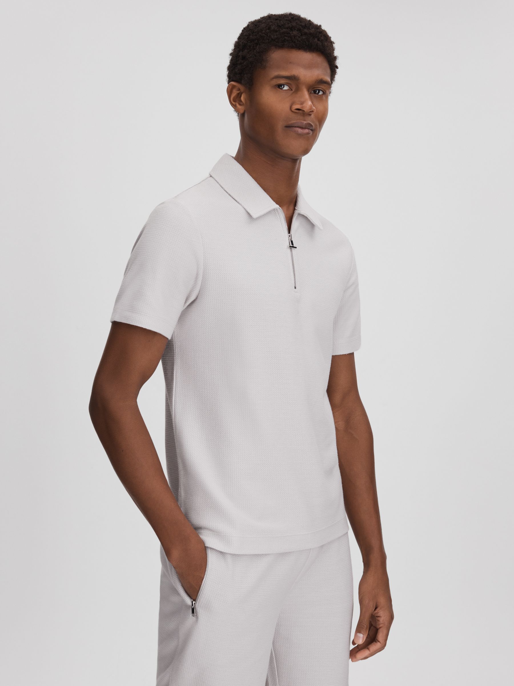 Textured Cotton Half-Zip Polo Shirt in Silver - Image 1 of 6 Textured Cotton Half-Zip Polo Shirt in Silver - Image 1 of 6