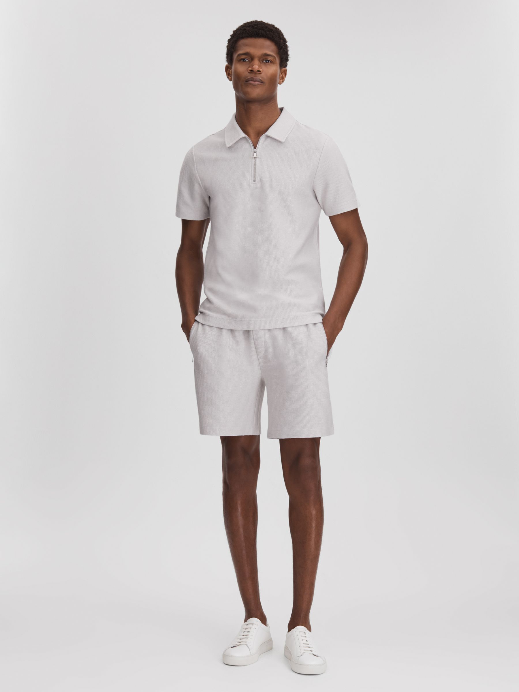 Textured Cotton Half-Zip Polo Shirt in Silver - Image 3 of 6