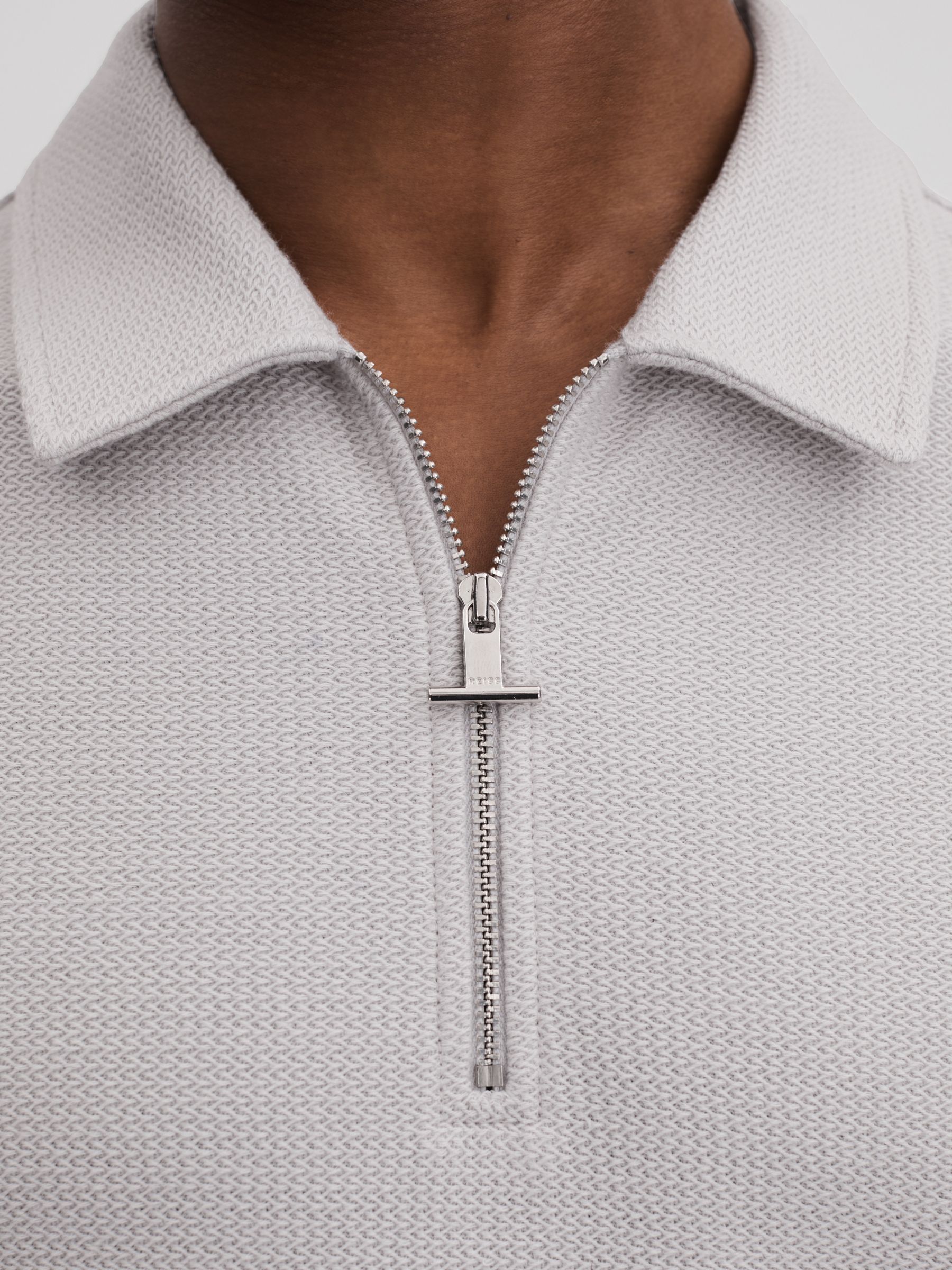 Textured Cotton Half-Zip Polo Shirt in Silver - Image 4 of 6
