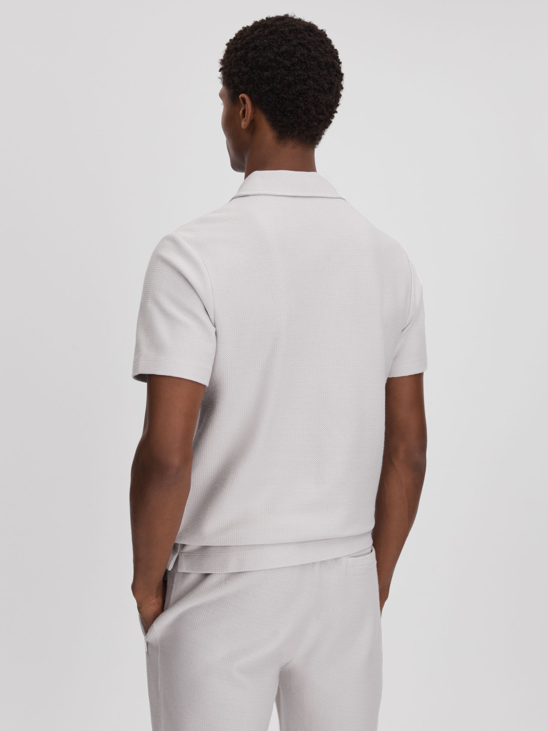Textured Cotton Half-Zip Polo Shirt in Silver - Image 5 of 6