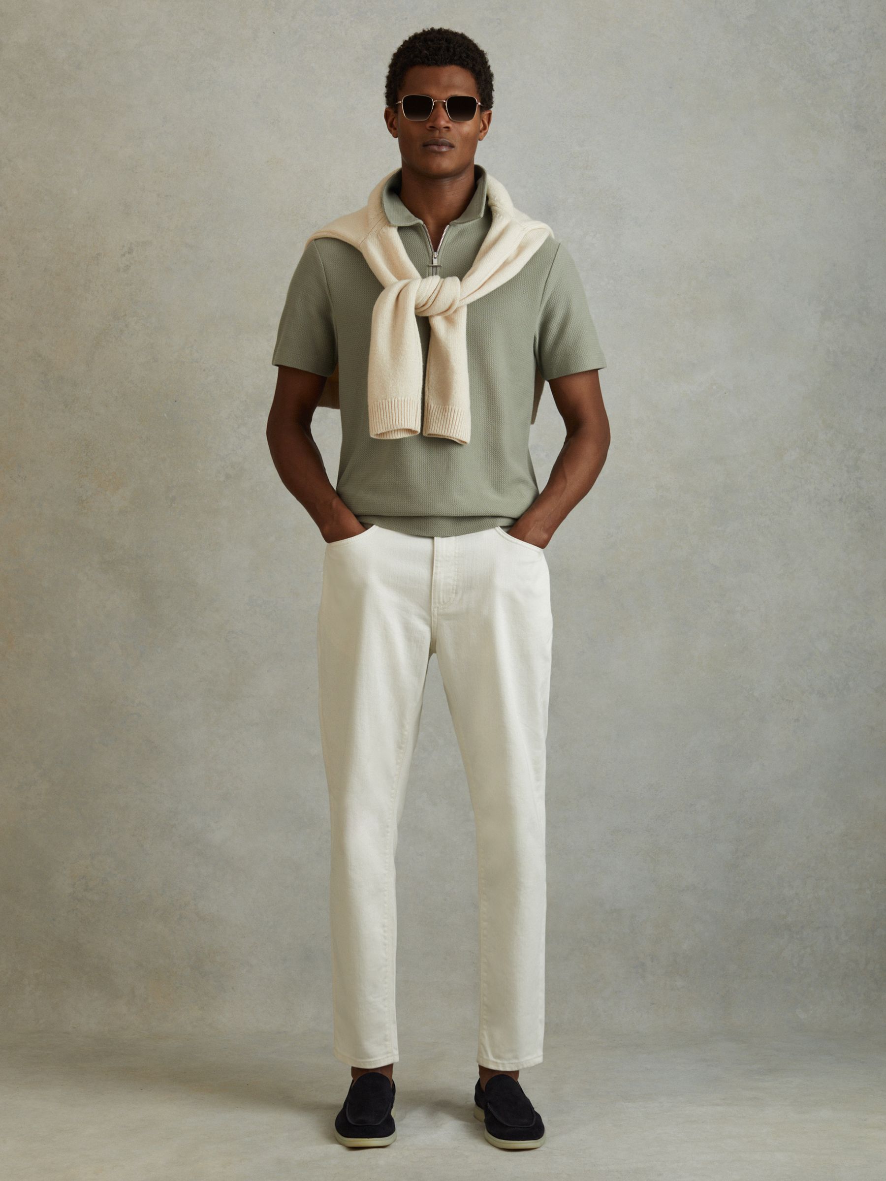 Textured Cotton Half-Zip Polo Shirt in Pistachio - Image 3 of 6