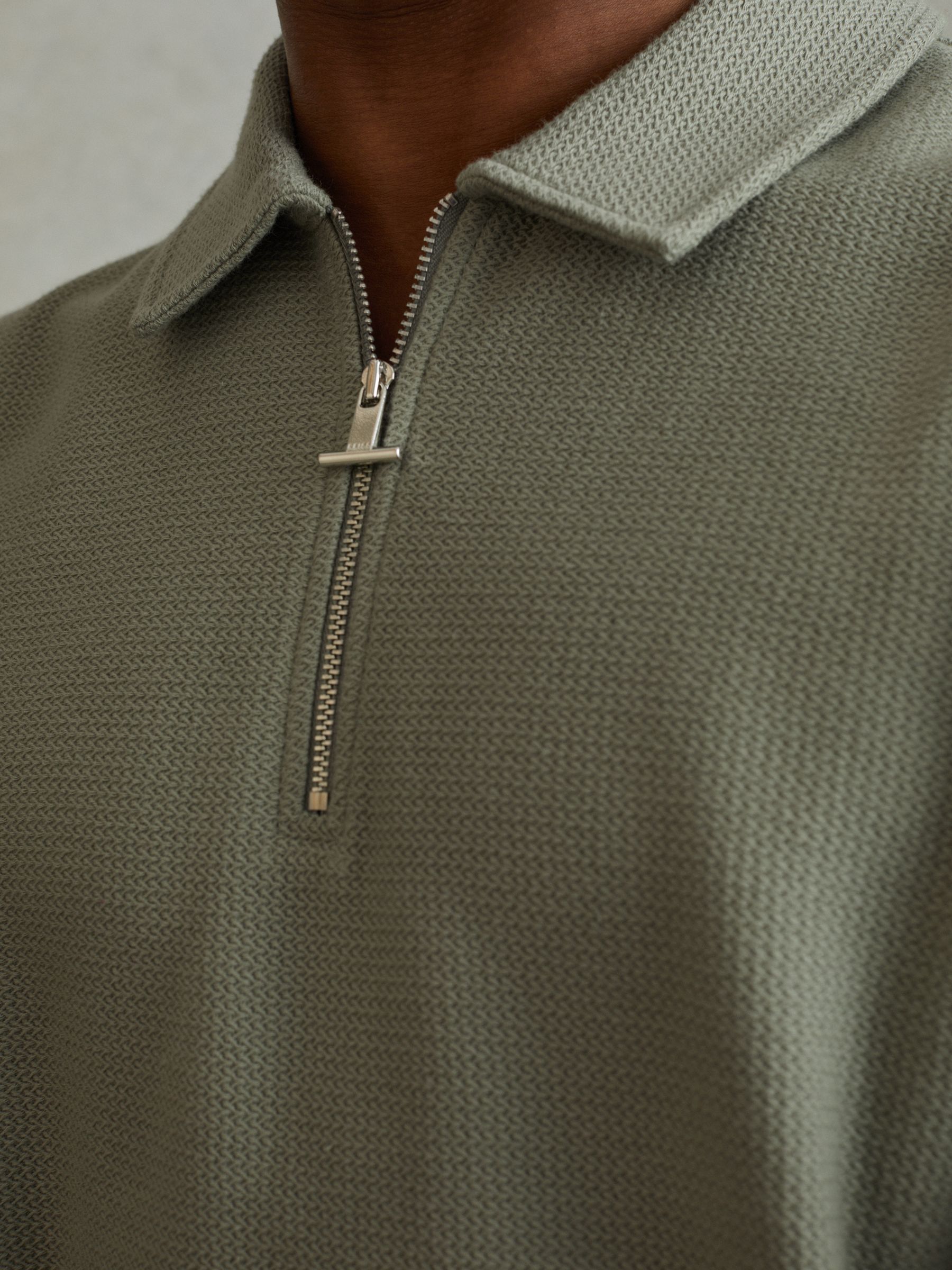 Textured Cotton Half-Zip Polo Shirt in Pistachio - Image 4 of 6