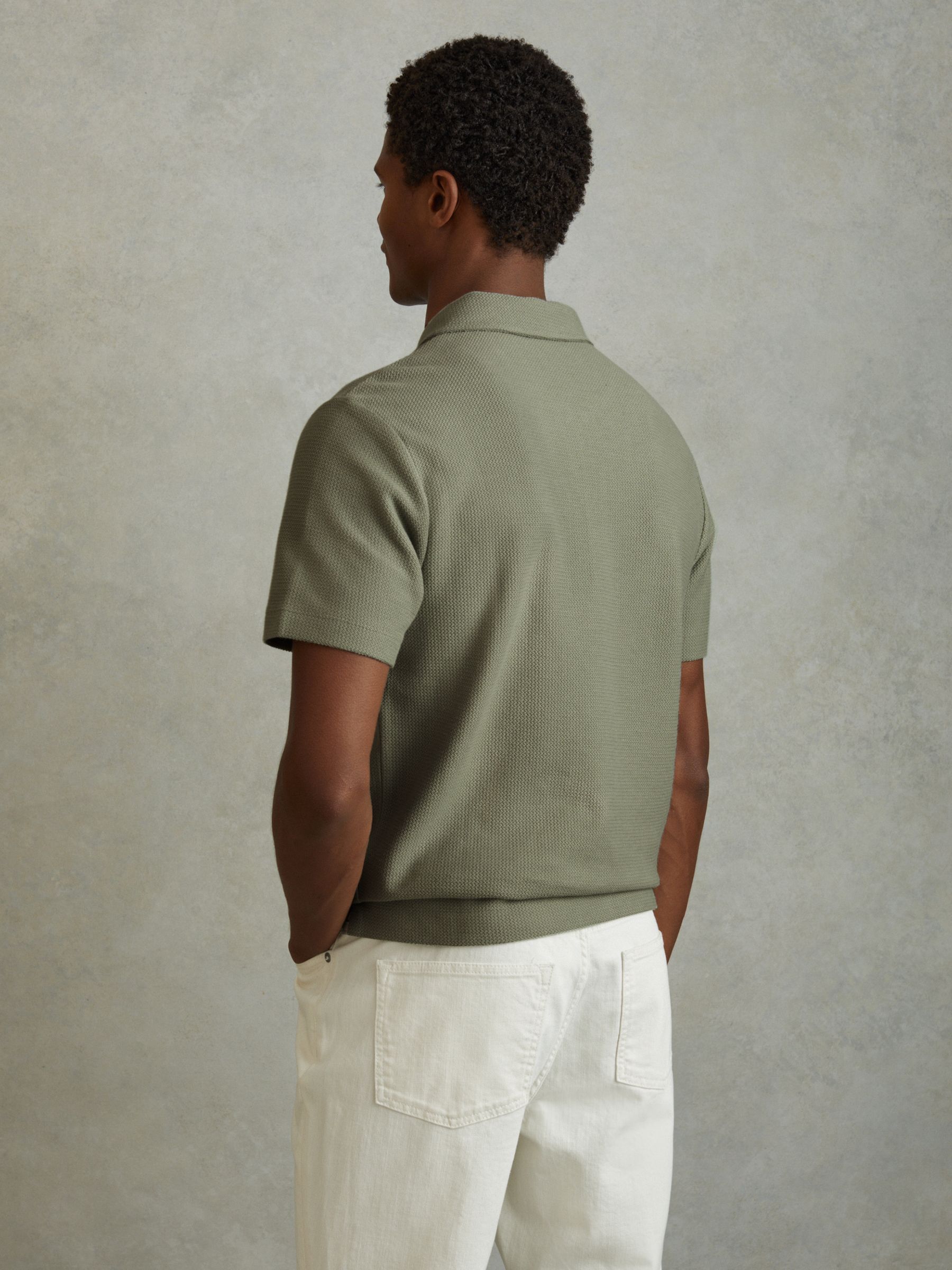 Textured Cotton Half-Zip Polo Shirt in Pistachio - Image 5 of 6