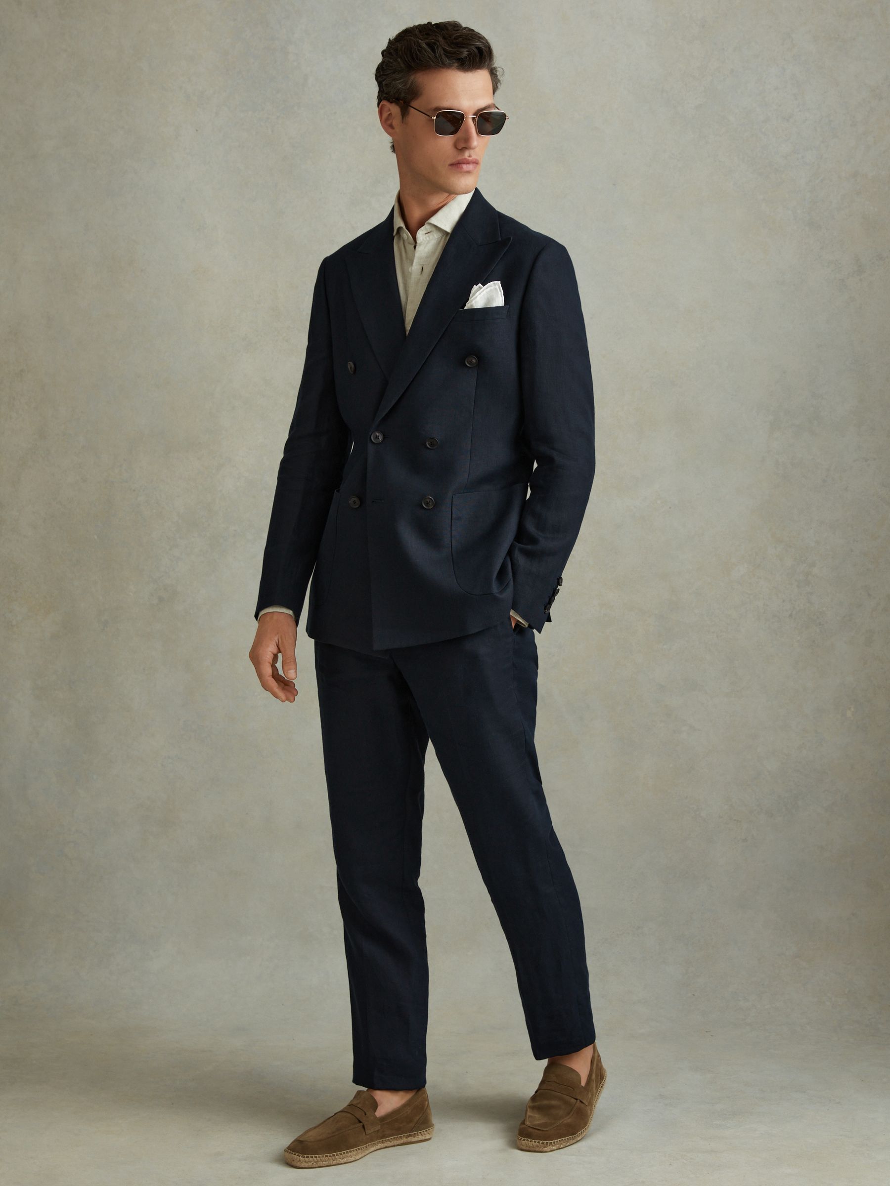 Double Breasted 100% Linen Slim Fit Blazer in Navy - Image 1 of 6