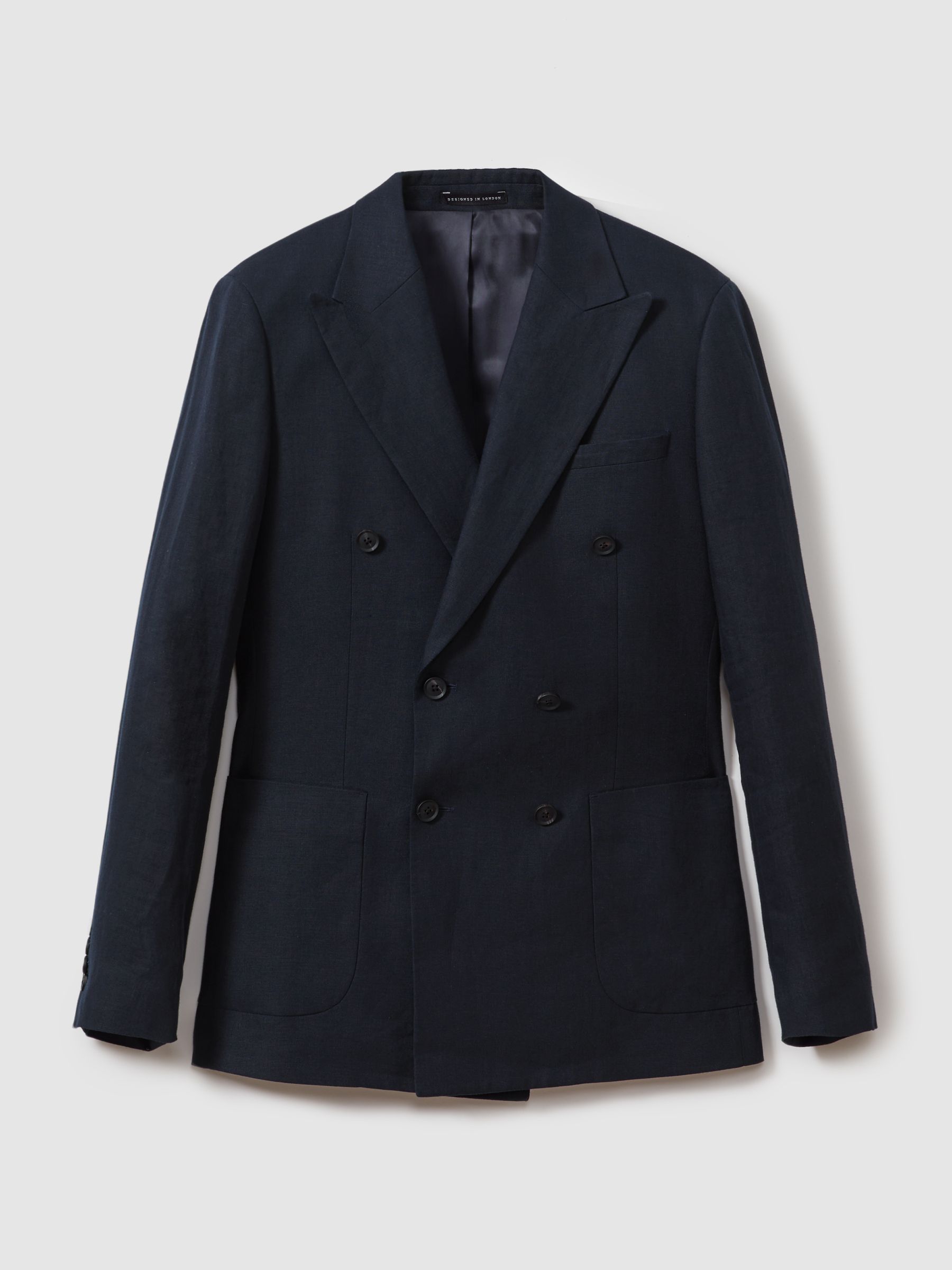 Double Breasted 100% Linen Slim Fit Blazer in Navy - Image 2 of 6