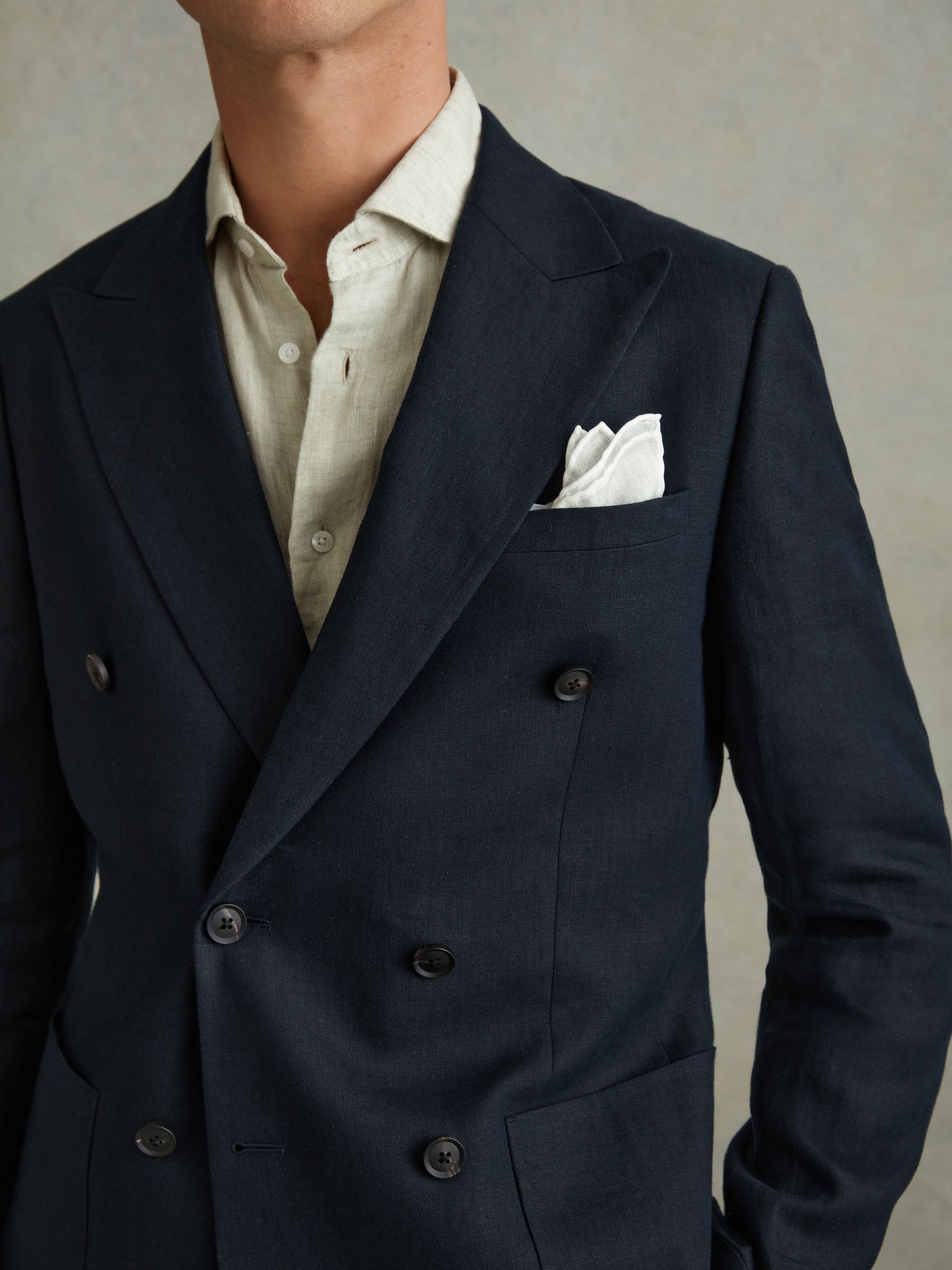 Double Breasted 100% Linen Slim Fit Blazer in Navy - Image 3 of 6
