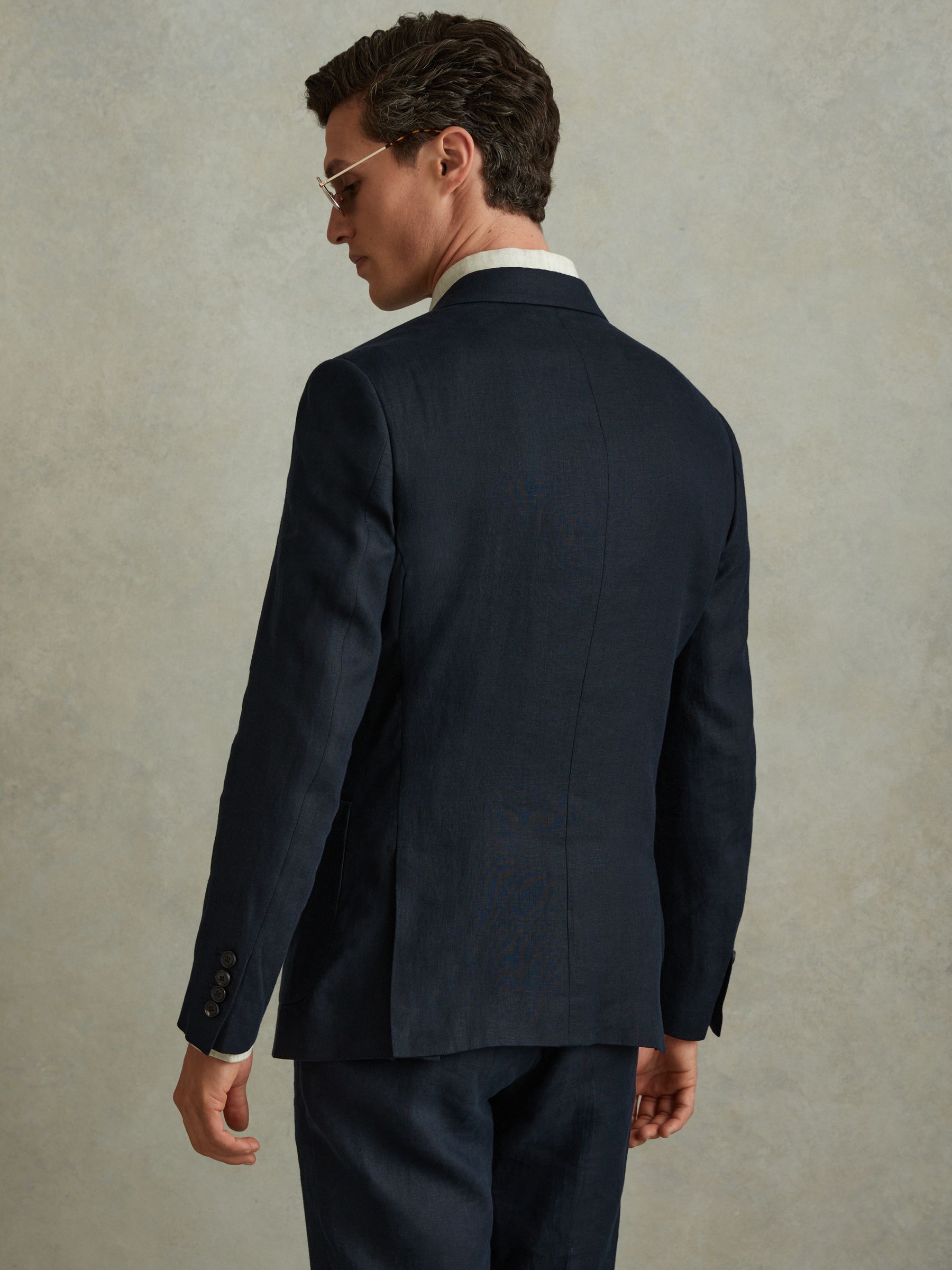 Double Breasted 100% Linen Slim Fit Blazer in Navy - Image 4 of 6